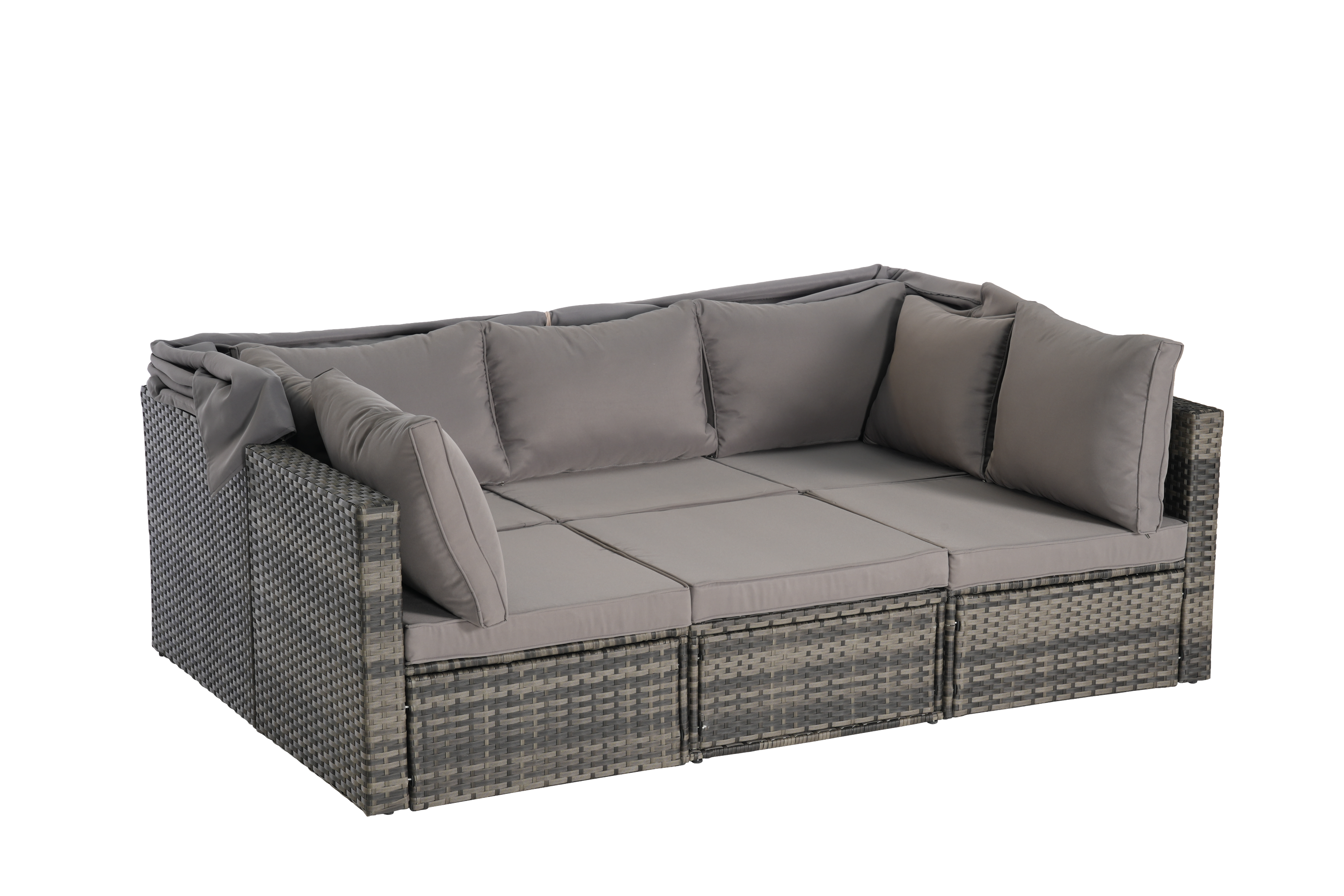 5 Pieces Outdoor Patio Wicker Daybed Furniture Set with Retractable Canopy, Storable Side Table, and Soft Cushions for Relaxing in Your Backyard or Porch