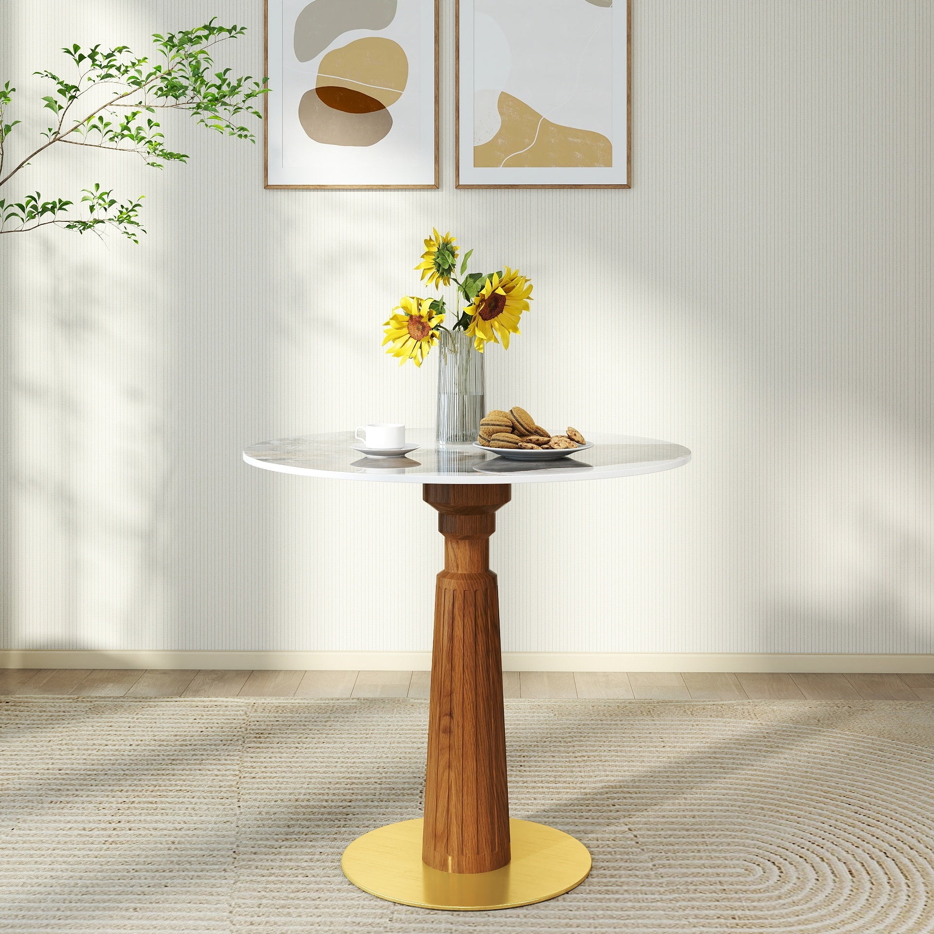 Modern Round Dining Table, 33.5' Sintered Stone Table with Wooden Leg & Gold Base, 2 - Person Kitchen Table for Small Space, 150lbs Weight Capacity(Only the Negotiation Table)