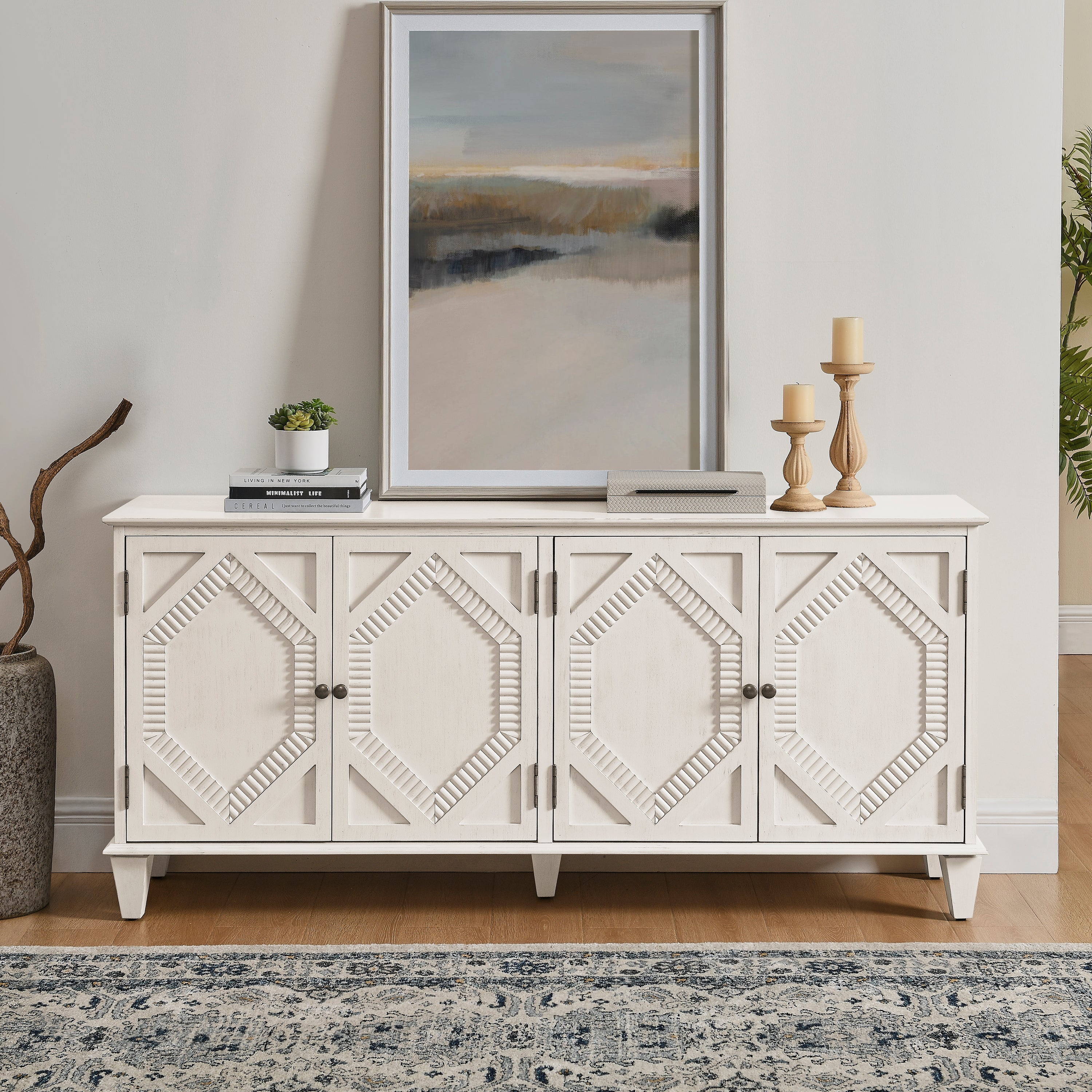 65.2' Mid Century Modern Sideboard Buffet Cabinet with Storage, Symmetrical Geometric Accent Coffee Bar Wine Bar Storage Cabinet, Large Console Table for Living Room/Entryway/Kitchen, Antique White