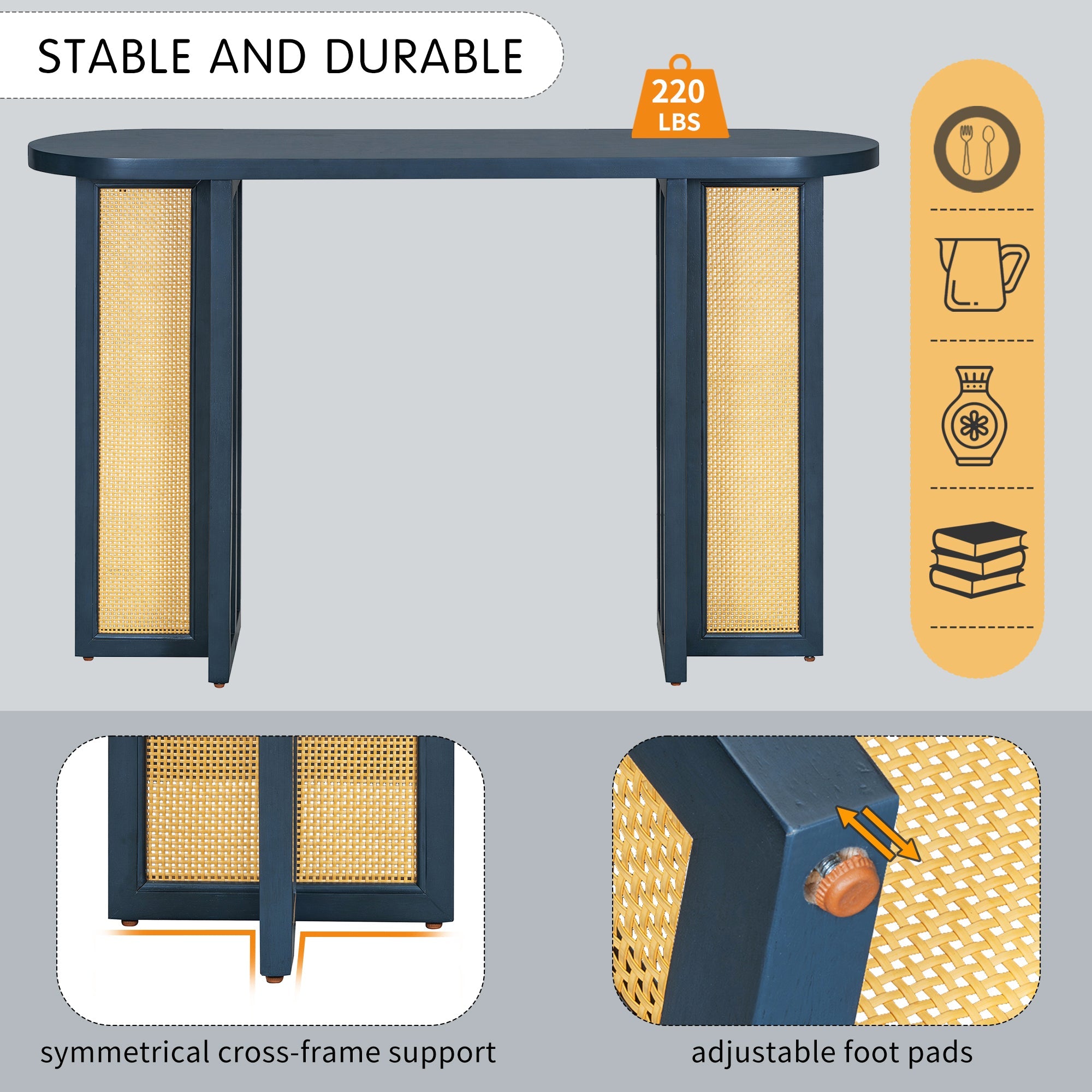 TREXM Farmhouse Rattan Console Table Entryway Table, Narrow Console Table with Storage, Hallway Table for Living Room, Entrance (Navy)