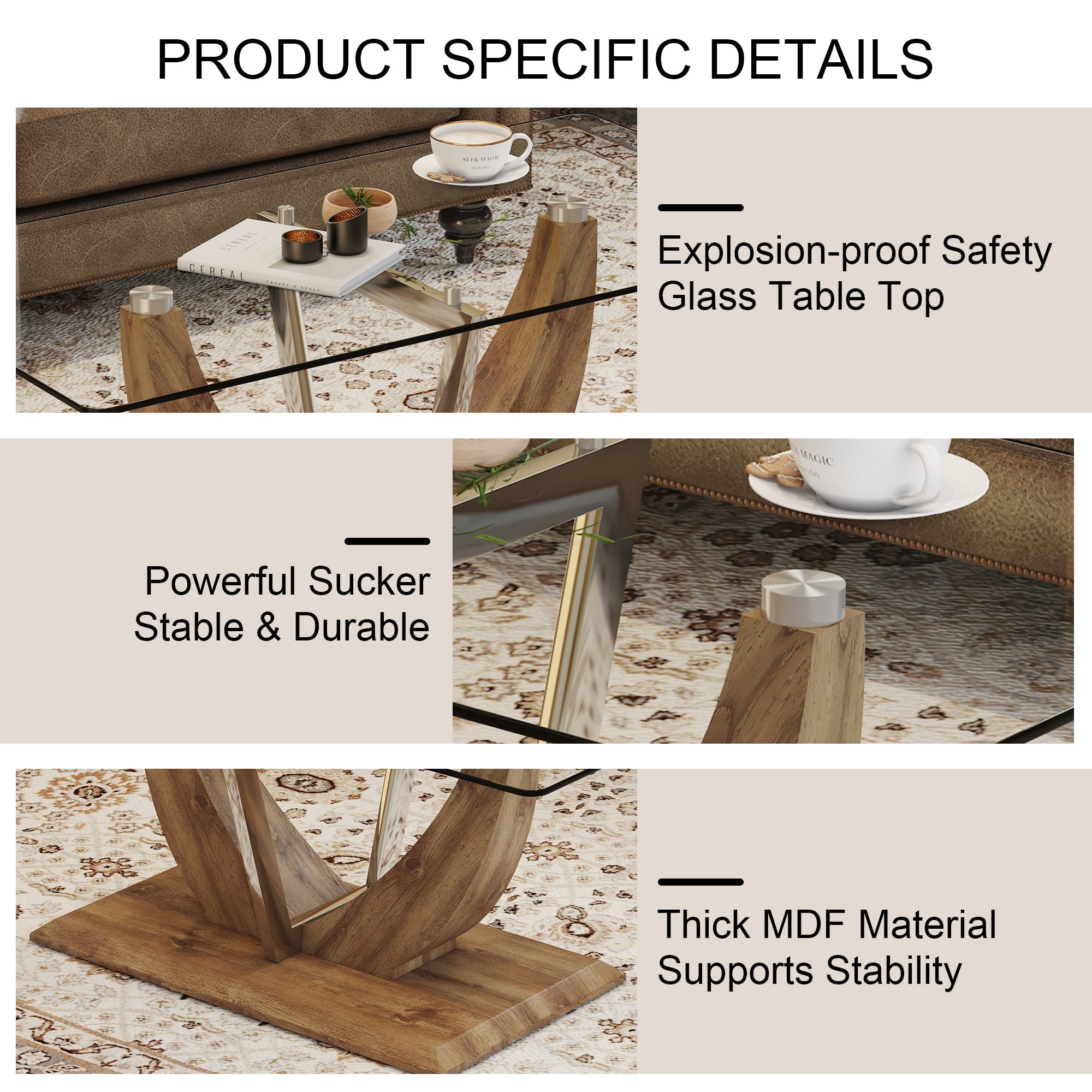Modern minimalist transparent tempered glass coffee table with wooden MDF legs and stainless steel decorative columns. Computer desk. Game table. CT-907