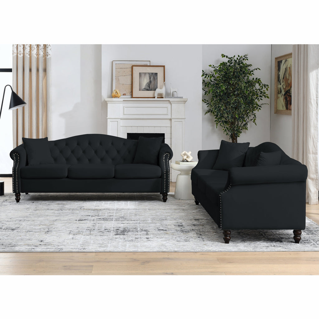 [Video] 79' Chesterfield Sofa Black Velvet for Living Room, 3 Seater Sofa Tufted Couch with Rolled Arms and Nailhead for Living Room, Bedroom, Office, Apartment, 3S+3S