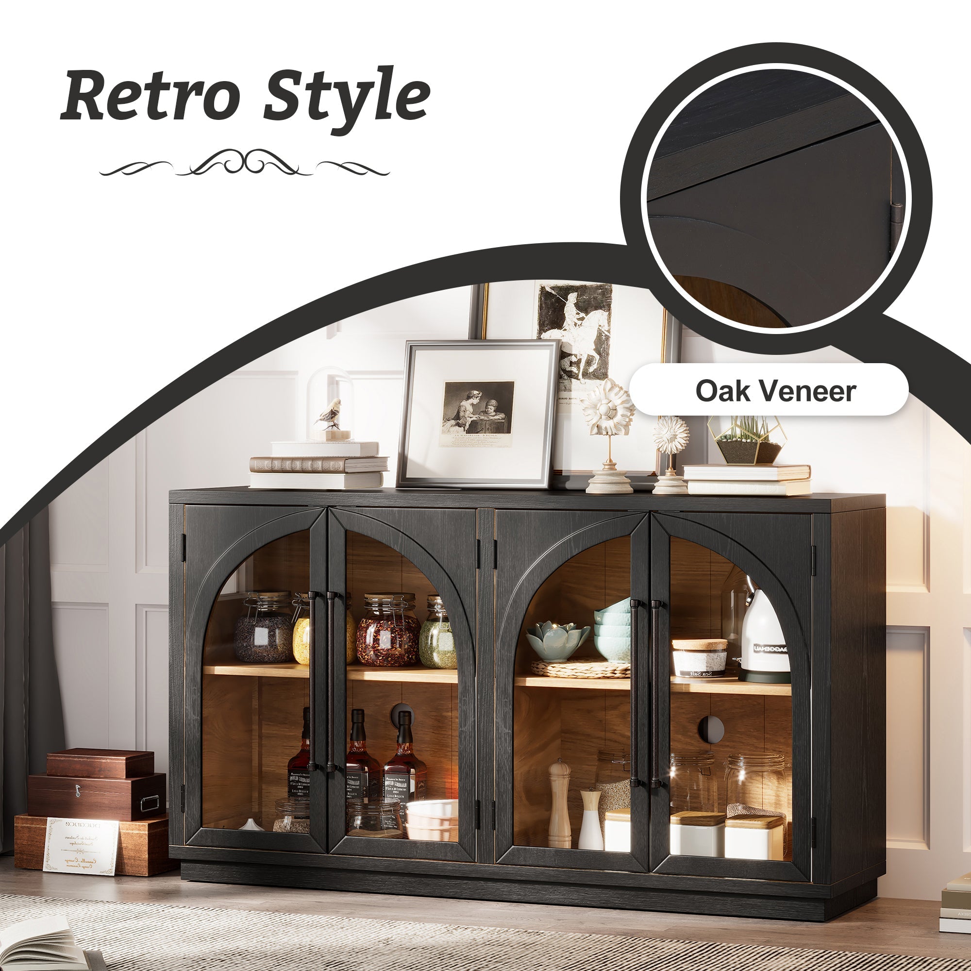 TREXM 4-Door Large Storage Sideboard Buffet Cabinet with Glass Doors, Arched Cabinet with Adjustable Shelves for Kitchen, Dining Room and Living Room (Black)