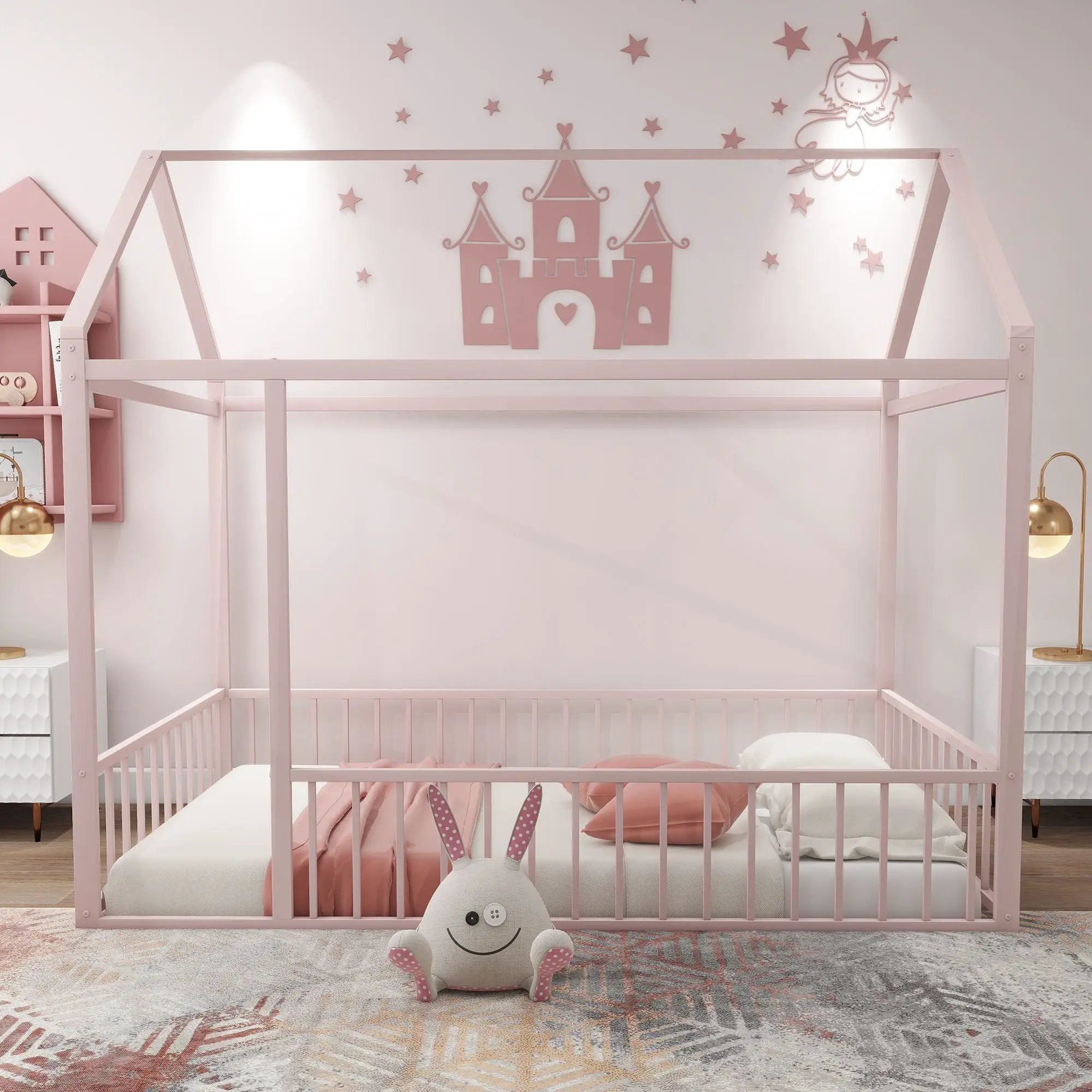 Metal Bed House Bed Frame With Fence