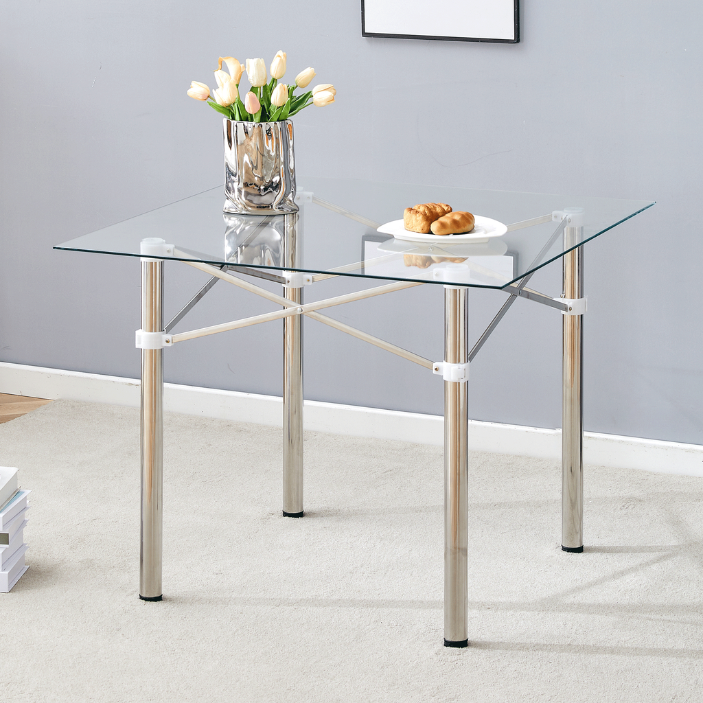Elegant Expandable Square Glass Table - 36' Clear Tempered Glass, Silver Metal Legs.Telescopic metal legs, transparent square glass tabletop, suction cup attachment connection.