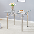 Elegant Expandable Square Glass Table - 36' Clear Tempered Glass, Silver Metal Legs.Telescopic metal legs, transparent square glass tabletop, suction cup attachment connection.