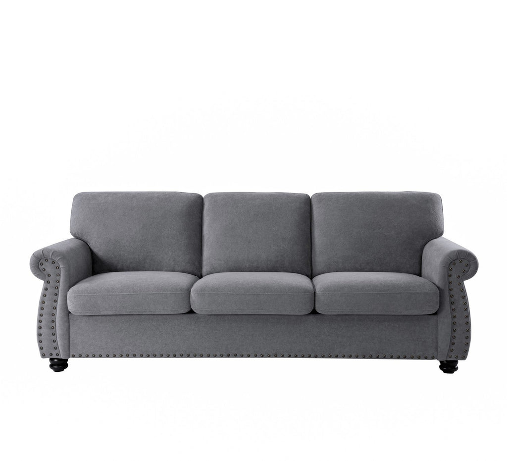 Soft Velvet Sofa, Upholstered 3 Seater Couch with High-Density Foam, Loose Back Cushions and Solid Wood Turned Legs, Chic Living Room Furniture for Home, Apartment and Office, Grey