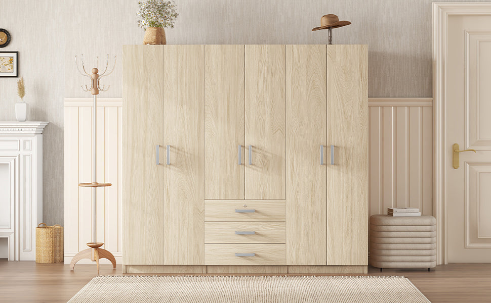 6-Doors Wooden Wardrobe Storage for Bedroom, with Big Drawers, Gray