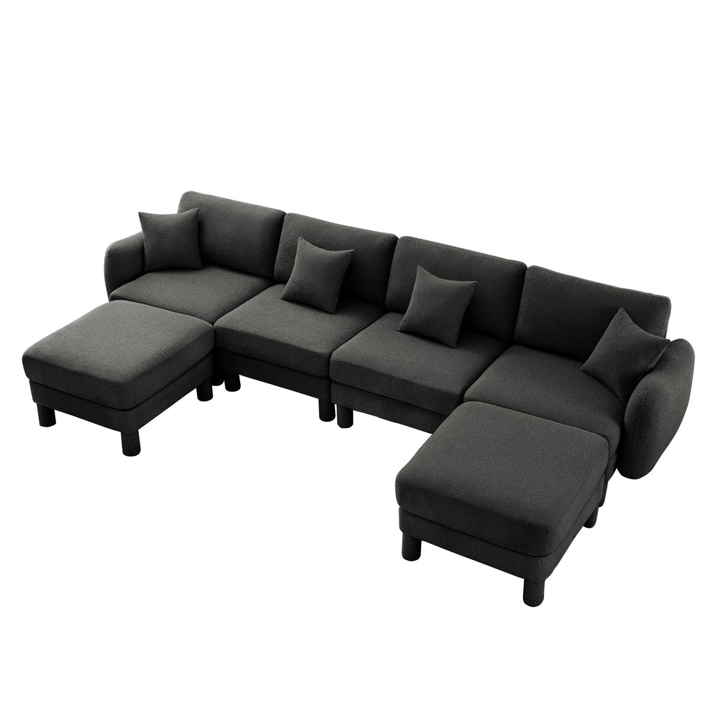 Boucle Fabric U Shape Sectional 4-seater Sofa Couch With Distinctive Shell-shaped Armrests And 2 Movable Ottomans,Cylindrical Legs Wrapped with Self-fabric,Dark Grey  Color