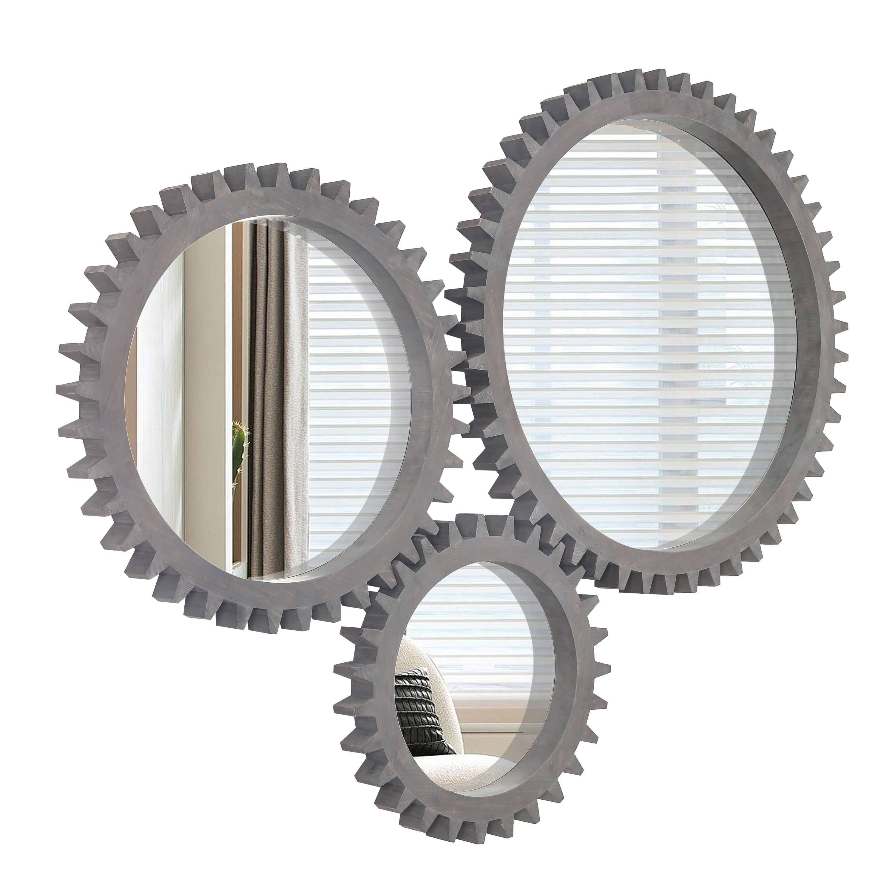 Vintage 26'' x 26'' Wall Wood Round Hanging Gear Shape Heavy Decorative Mirror For Bathroom Living Room Entryway Or Put Together To Your Liking(Antique Dark Brown)