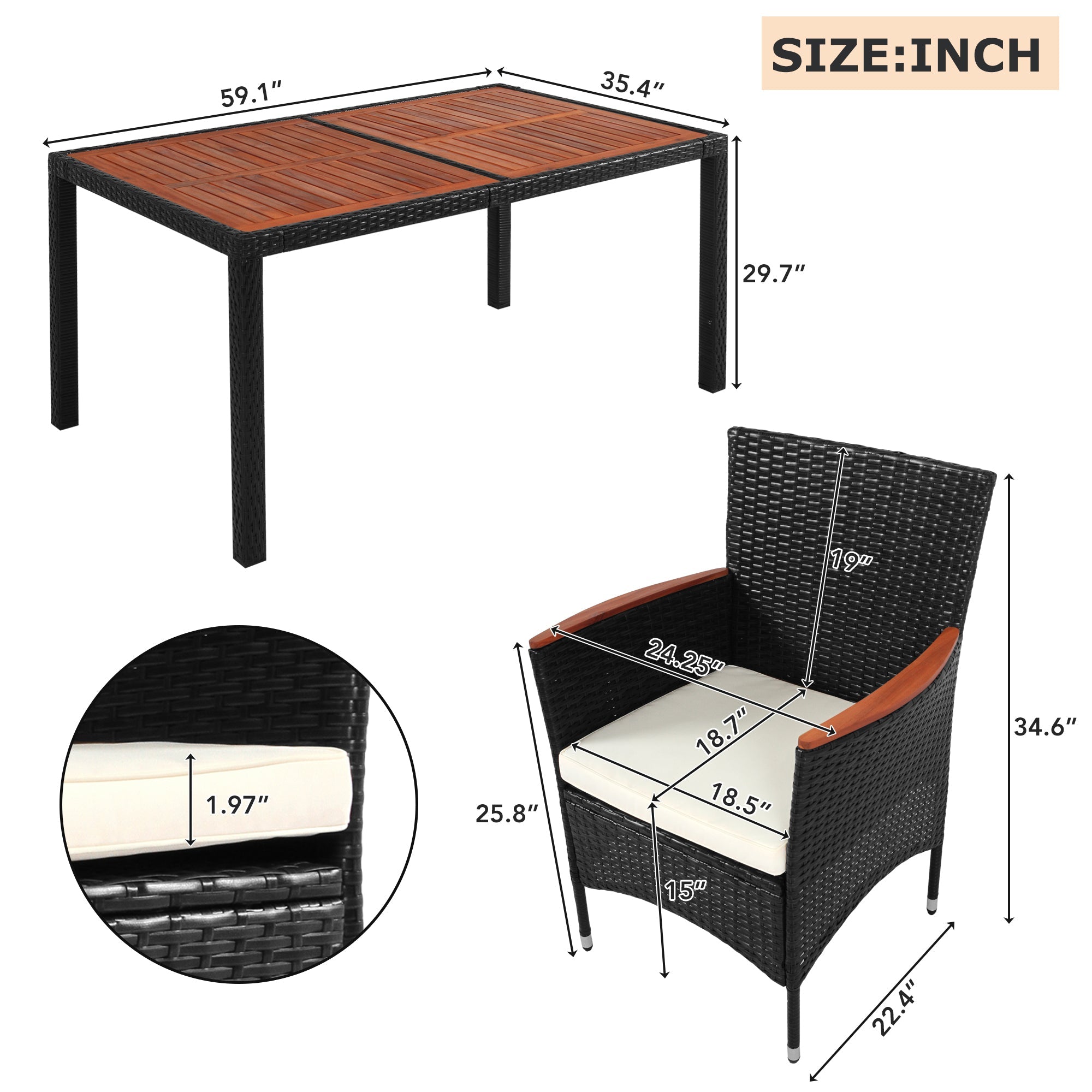 7-Piece Outdoor Patio Dining Set, Garden PE Rattan Wicker Dining Table and Chairs Set, Acacia Wood Tabletop, Stackable Armrest Chairs with Cushions, Reddish-brown