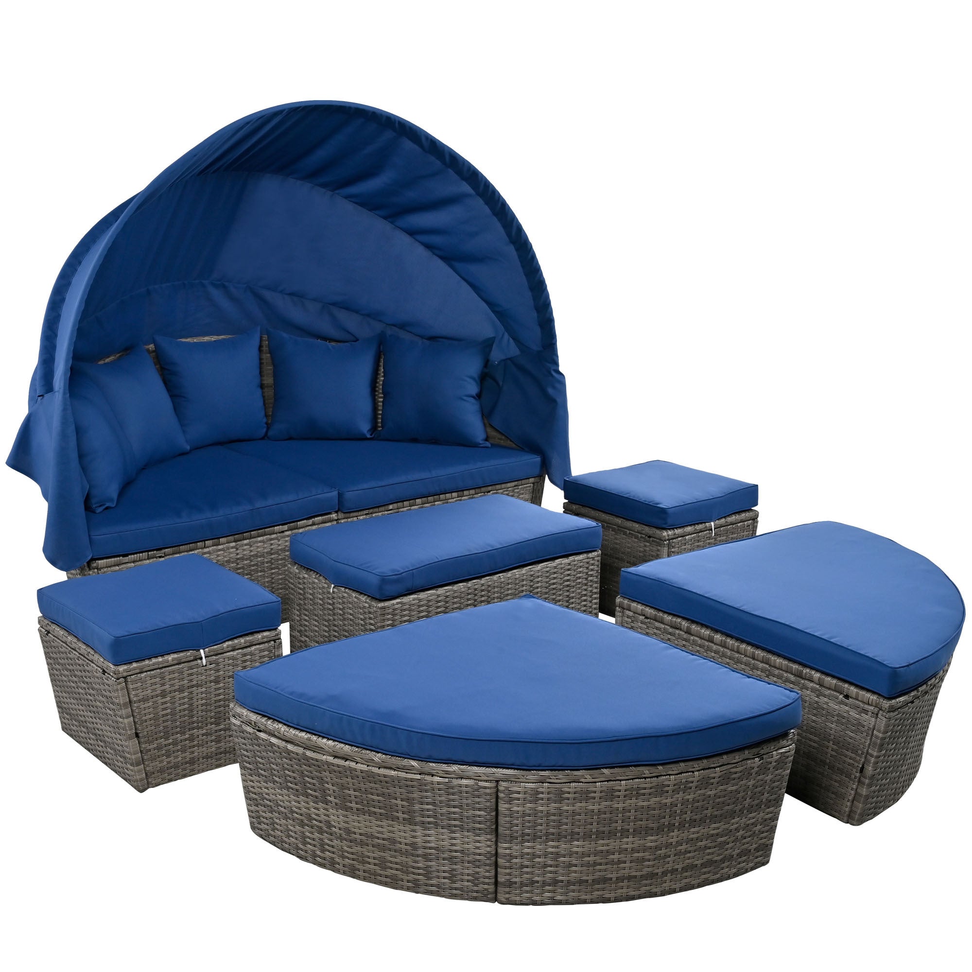 GO Outdoor rattan daybed sunbed with Retractable Canopy Wicker Furniture, Round Outdoor Sectional Sofa Set, Gray Wicker Furniture Clamshell Seating with Washable Cushions, Backyard, Porch, Blue