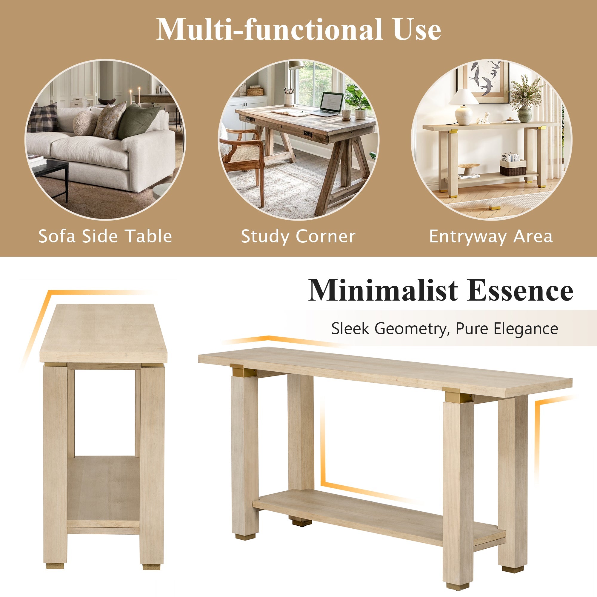 U_Style 62.9' Modern Minimalist Console Table, Solid Wood Entryway Sofa Table with Metal Accents, Built-in Shelf, for Living Room, Hallway (3 Colors: Black, Gray, Natural)
