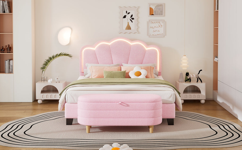 2-Pieces Bedroom Sets Full Size Flower-Shaped Upholstered LED Platform Bed with Storage Ottoman-Sherpa Fabric, Pink