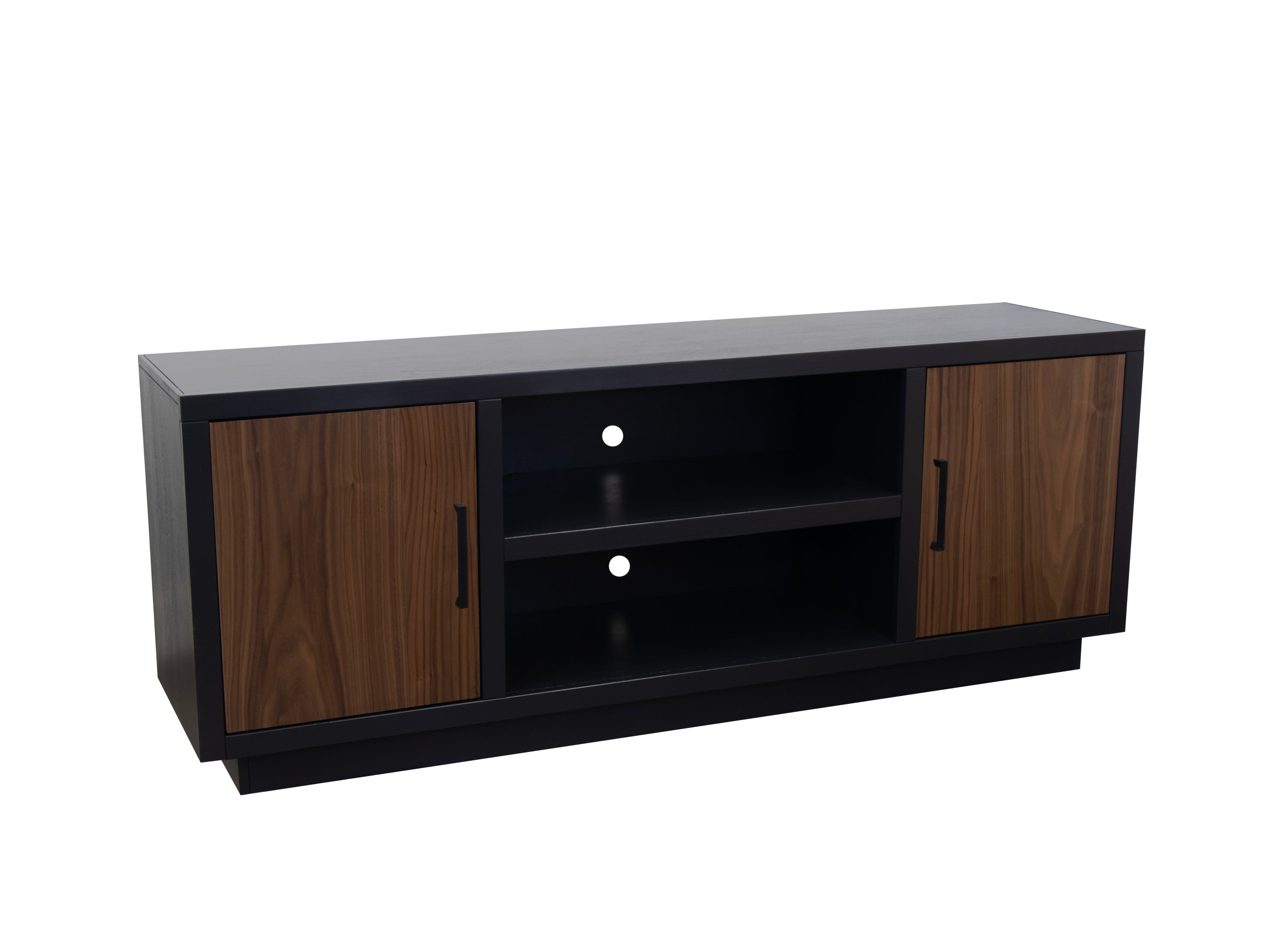 Aria 66 inch TV Stand for TVs up to 80 inches, No Assembly Required, Black and Walnut Finish