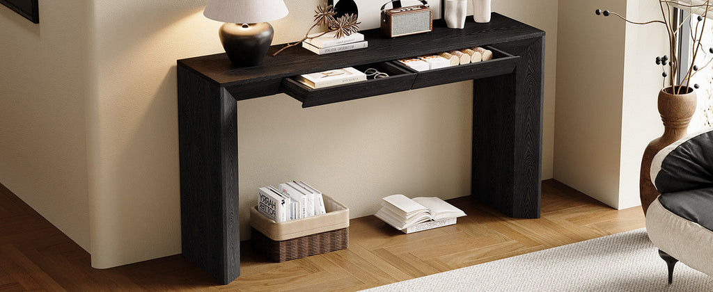 TREXM 60' Modern Farmhouse Console Table with 2 Concealed Drawers, Waterfall Design Entryway Table with Thickened Legs & Rustic Wood Grain for Living Room, Entryway & Hallway (Black)