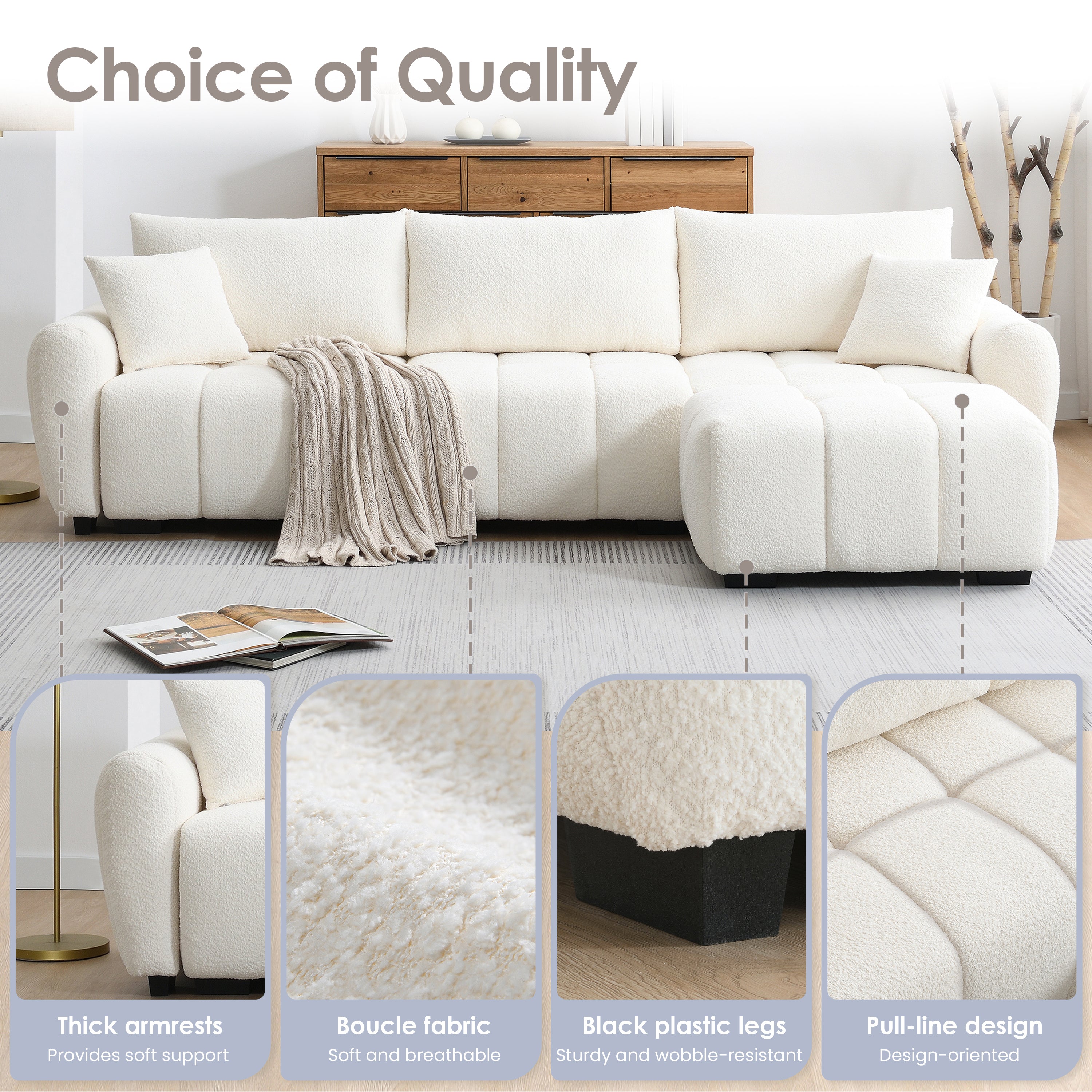 110' Modular Sectional Sofa, L Shape with Extra-large Seat, Pull-line Design, Movable Ottoman, High Density Foam, Free Combination, Sturdy Metal&Wood Frame, Boucle Fabric, 3 Colors