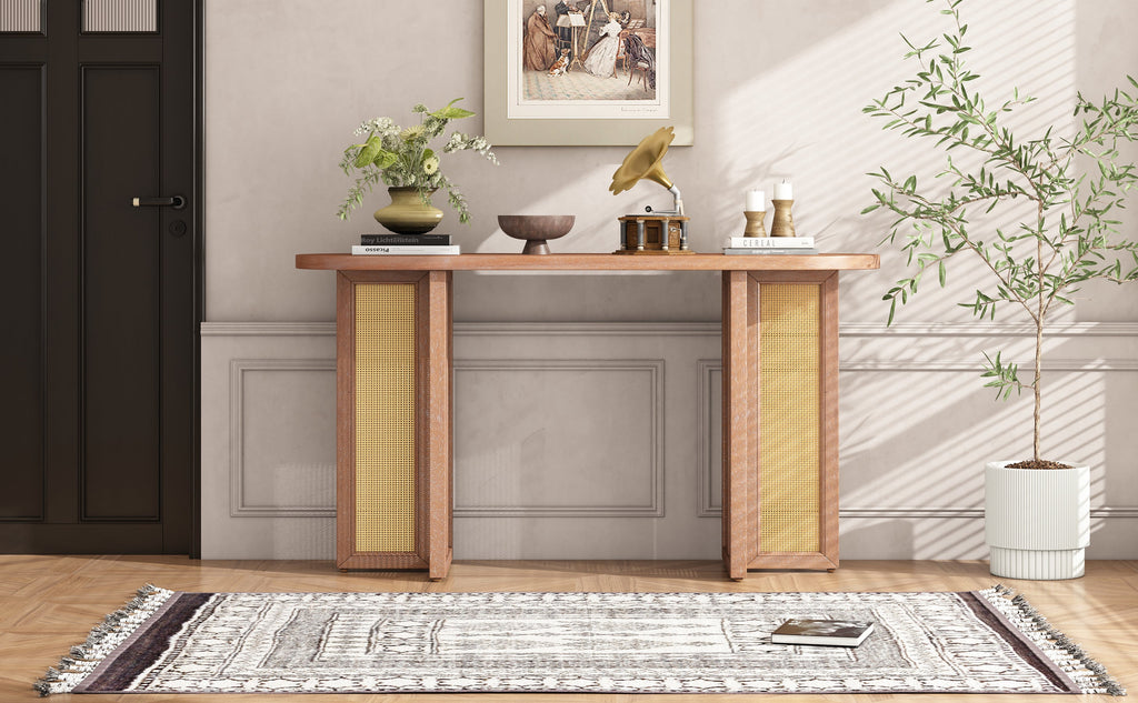 TREXM Farmhouse Rattan Console Table Entryway Table, Narrow Console Table with Storage, Hallway Table for Living Room, Entrance (Natural Wood Wash)