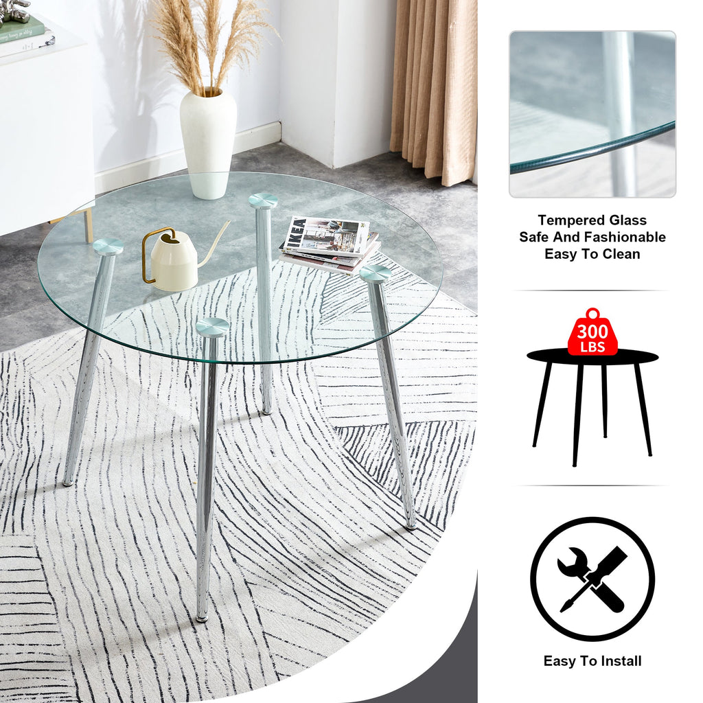 A glass tabletop with a diameter of 40 inches and a modern minimalist circular dining table with silver metal legs.Suitable for living rooms, and conference rooms.W1151S03392