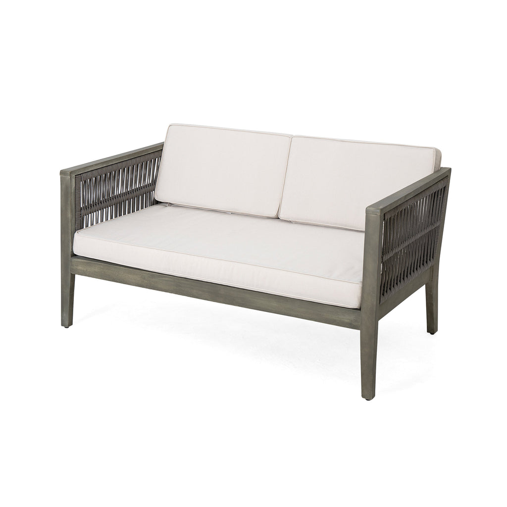 4-Pieces Acacia Wood Patio Furniture Set, Outdoor Furniture with Coffee Table, Patio Conversation Set Deep Seating with Soft Cushion, Porch Chairs for Garden, Backyard Porch Balcony, Grey & Beige