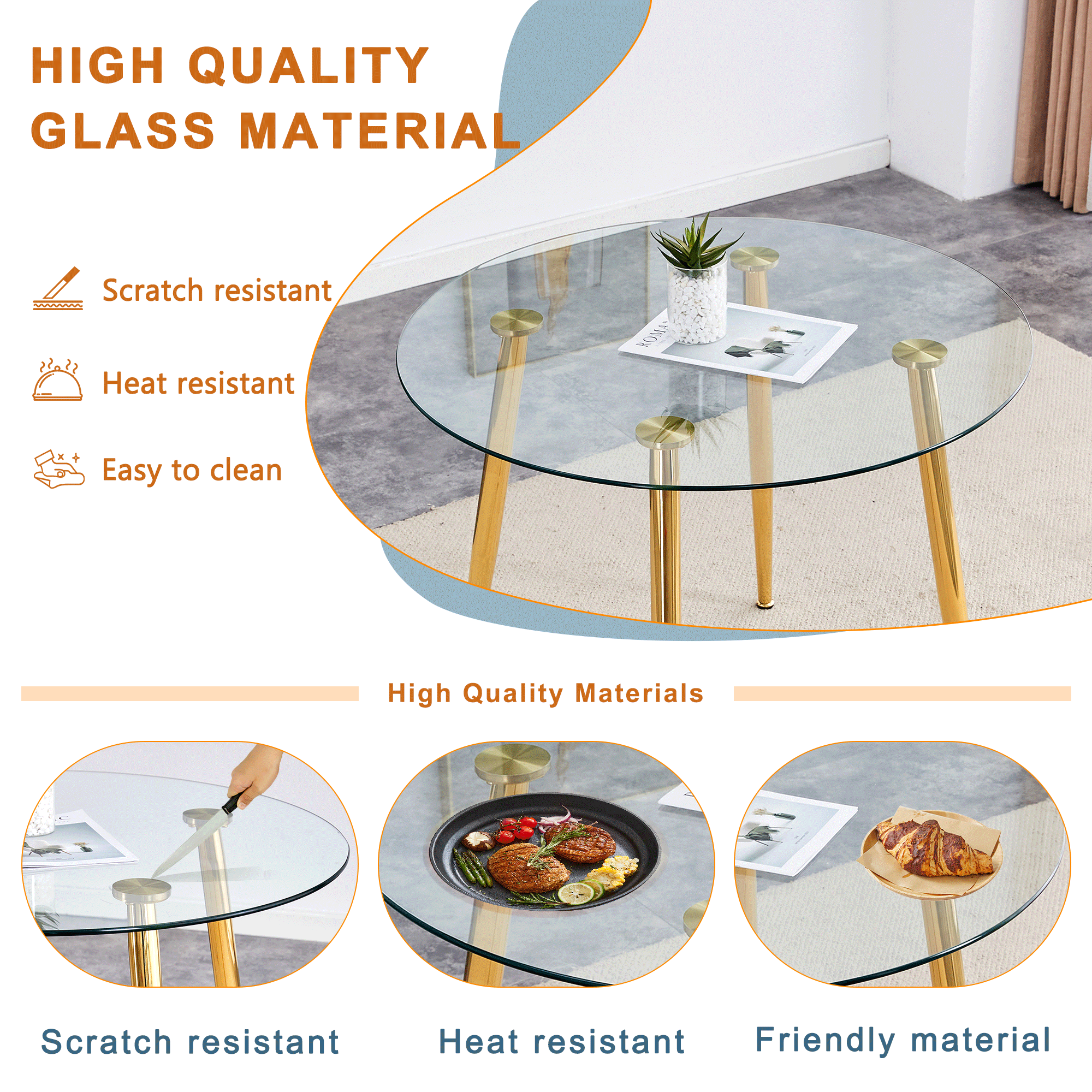 Round dining table with glass top, gilded metal legs, exquisite living, starting from the details, the gold legs show an extraordinary texture, which is the finishing touch to your home.36*36