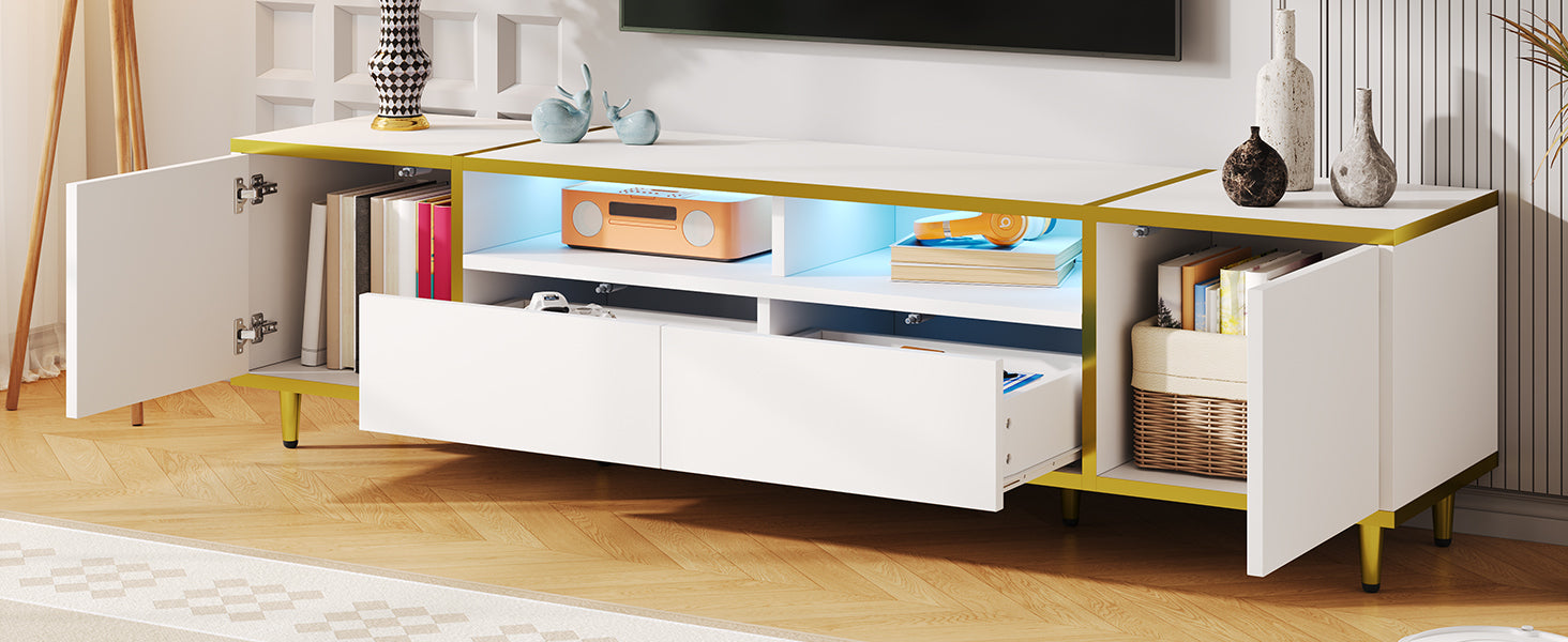 U-Can 70.9'' Modern TV Stand for TVs up to 80 Inches, Entertainment Center with 2 Shelves and  LED Lights, TV Storage Cabinet with 2 Drawers, 2 Cabinets and Metal Legs for Living room