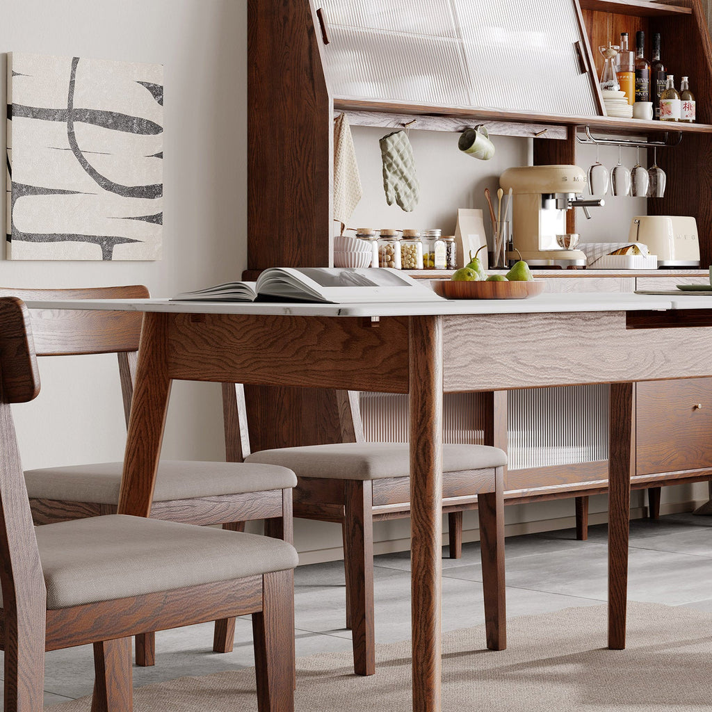 Walnut Solid Oak and White Slate Telescopic Dining Table for 6-8 People, Wood (Walnut Color)