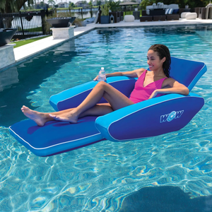 WOW Watersports Modern Lounger pool float in blue with cupholder and WOW logo, person relaxing in pool.