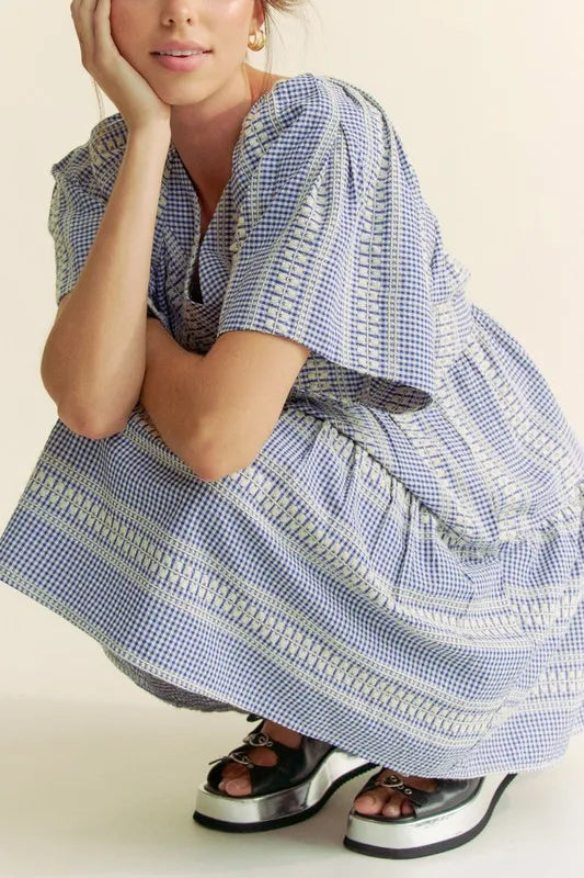 Davi & Dani Embroidered Stripe Ruffled Gingham Mini Dress