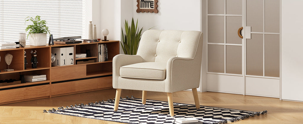 Mid-Century Modern Armchair - Tufted Fabric Accent Chair with Solid Wood Legs for Living Room, Bedroom & Office - Comfortable Polyester Upholstery - Classic Button-Tufted Back & Tapered Design