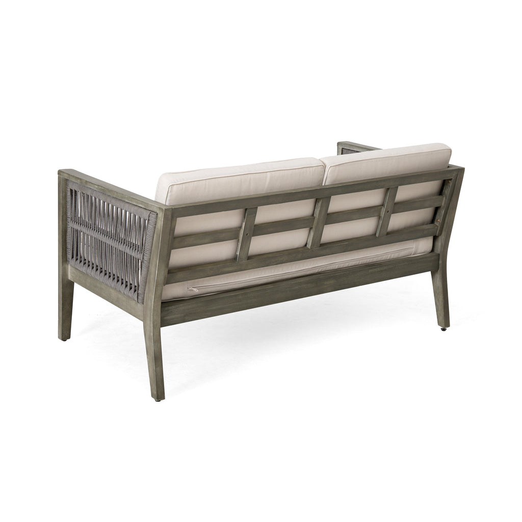 4-Pieces Acacia Wood Patio Furniture Set, Outdoor Furniture with Coffee Table, Patio Conversation Set Deep Seating with Soft Cushion, Porch Chairs for Garden, Backyard Porch Balcony, Grey & Beige