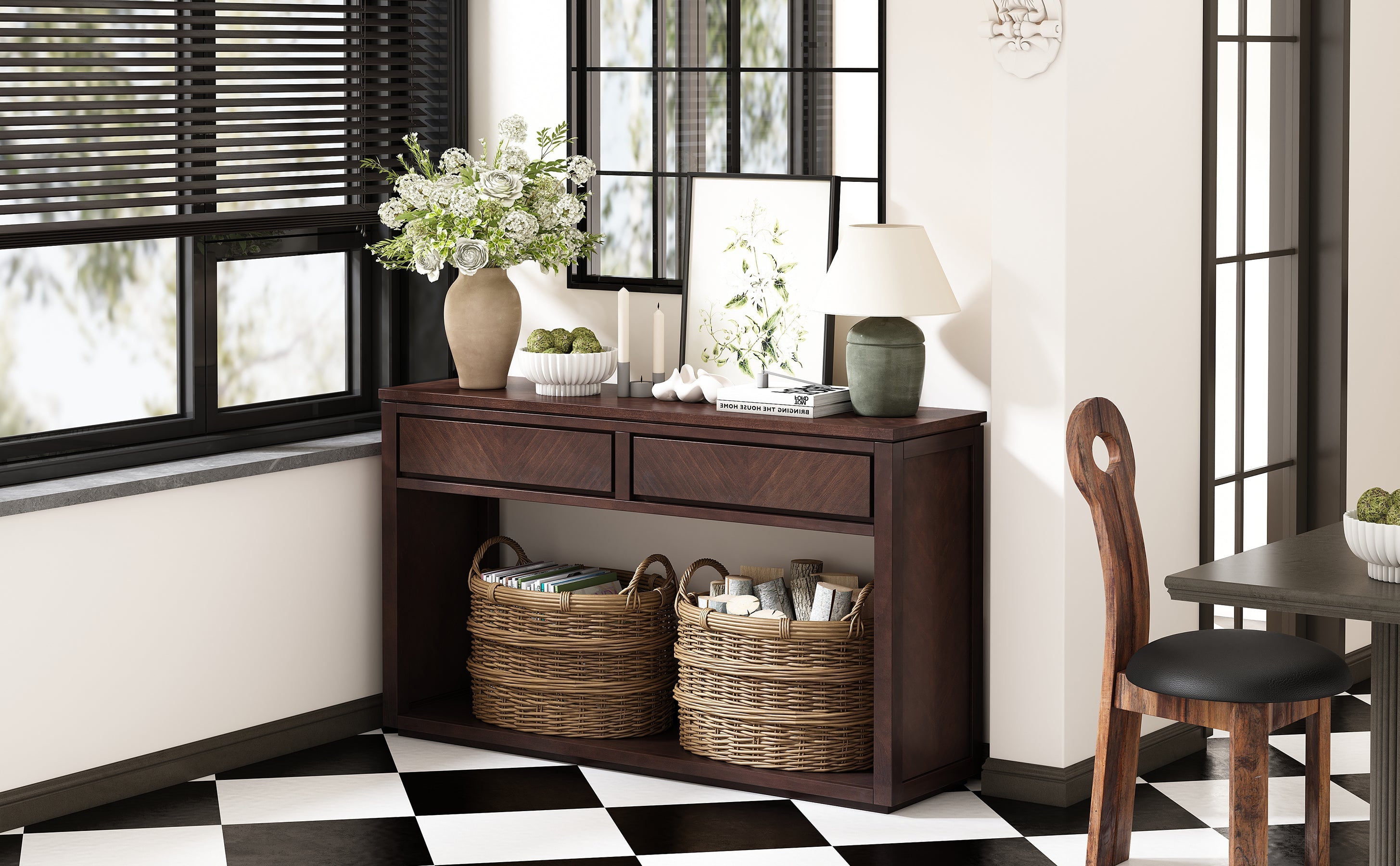TREXM 55' Console Table, Rustic Wooden Entryway Table with Storage Drawers and Open Shelf, Elegant Sofa Table for Hallway and Living Room (Espresso)