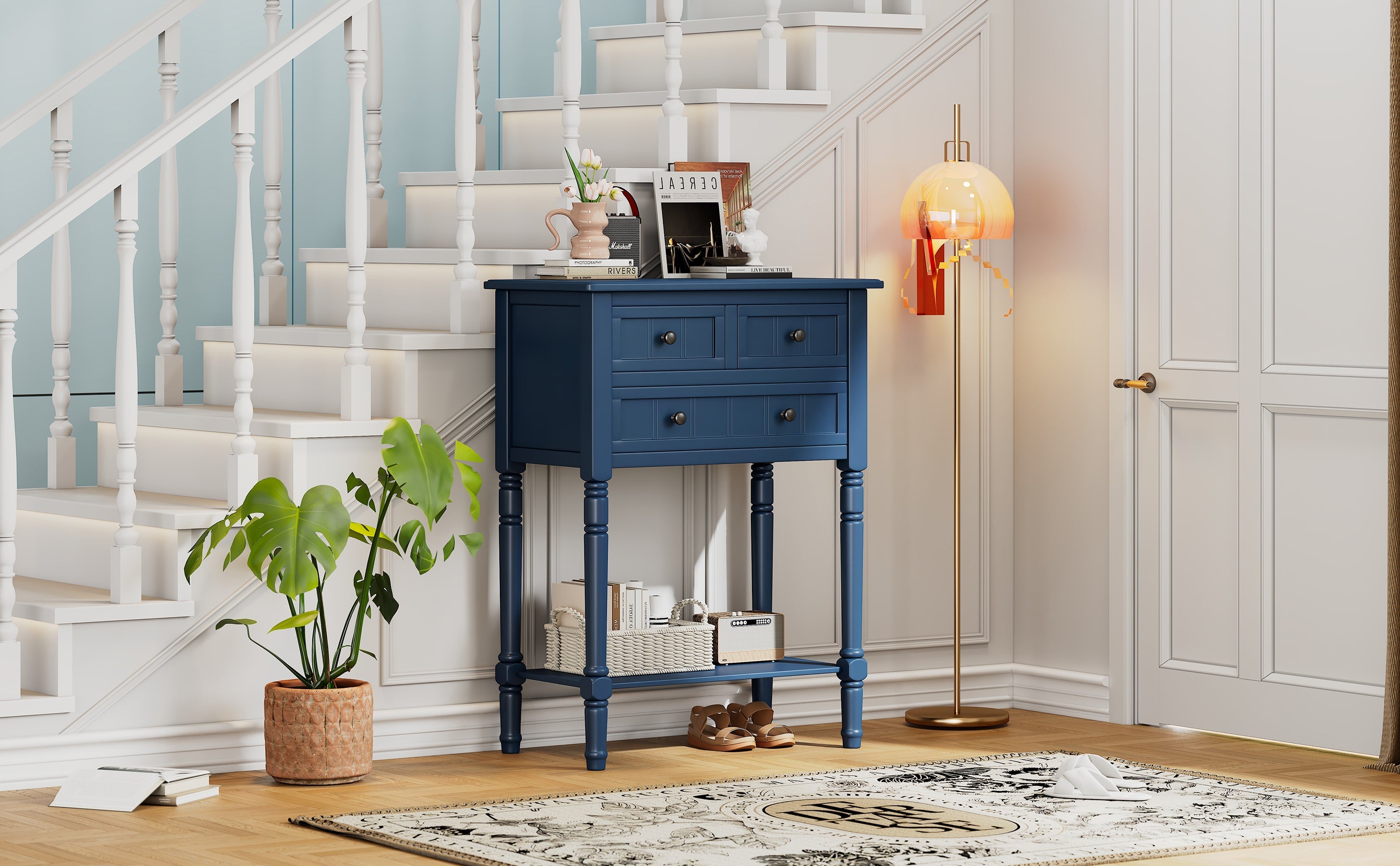 TREXM Narrow Console Table, Slim Sofa Table with Three Storage Drawers and Bottom Shelf (Navy)