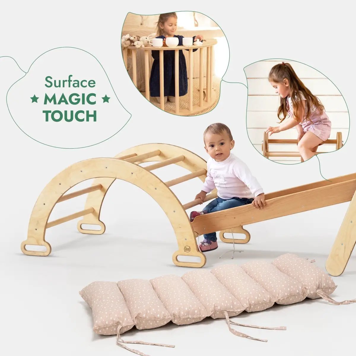 Goodevas 5in1 Montessori climbing set in natural wood with arches, slide, netting rope, and beige cushions