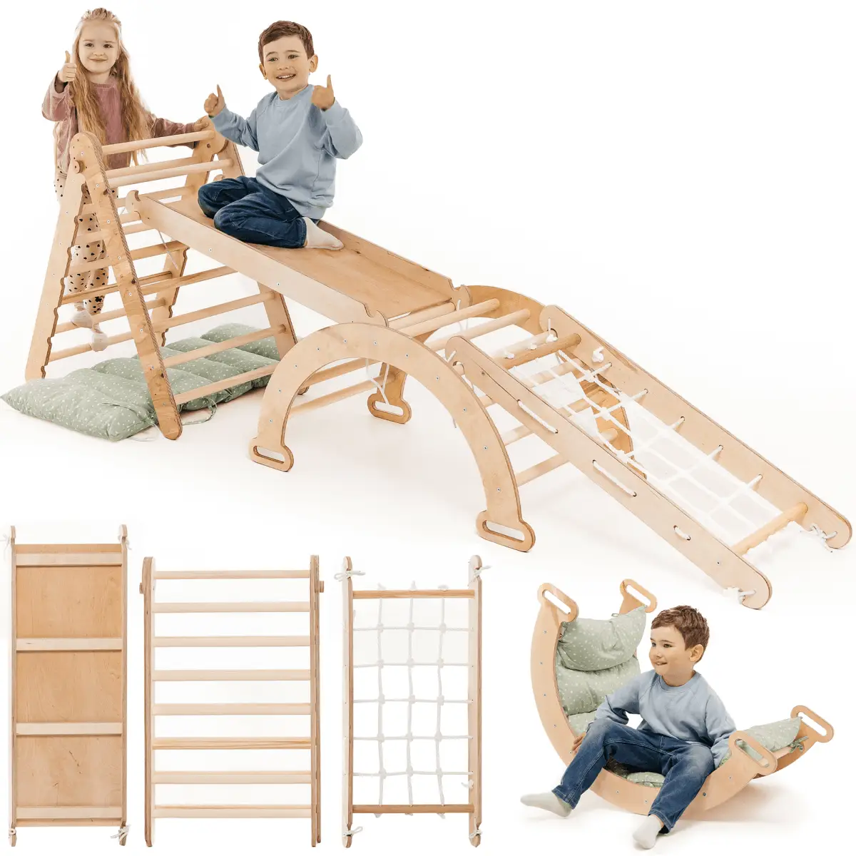 5in1 Montessori climbing set in natural wood with slide, ladder, rope net, and cushioned rocker
