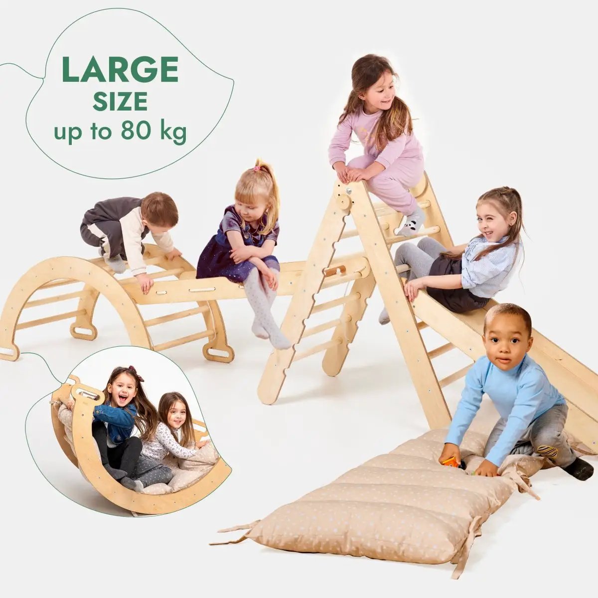 Goodevas 5in1 Montessori Climbing Set, wooden activity toy: triangle ladder, arch rocker, slide, netting rope, cushion