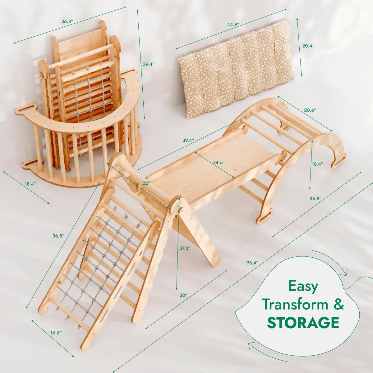 Goodevas five-piece Montessori climbing set in natural wood with rope net, slide, arch, and cushion