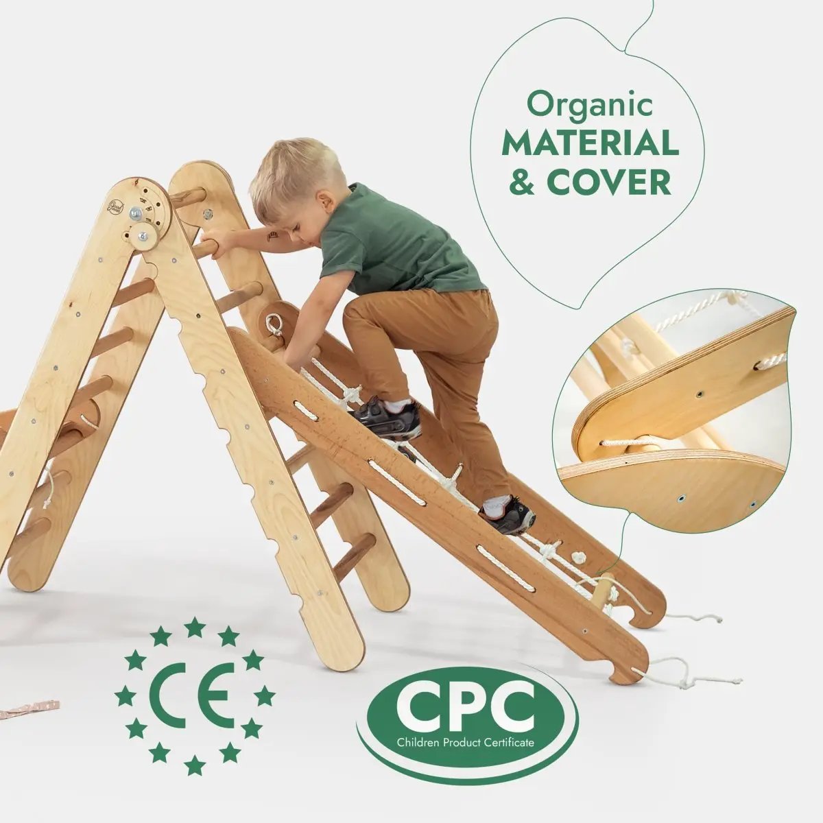 5in1 Montessori climbing set: wooden triangle ladder with rope net and slide board by Goodevas