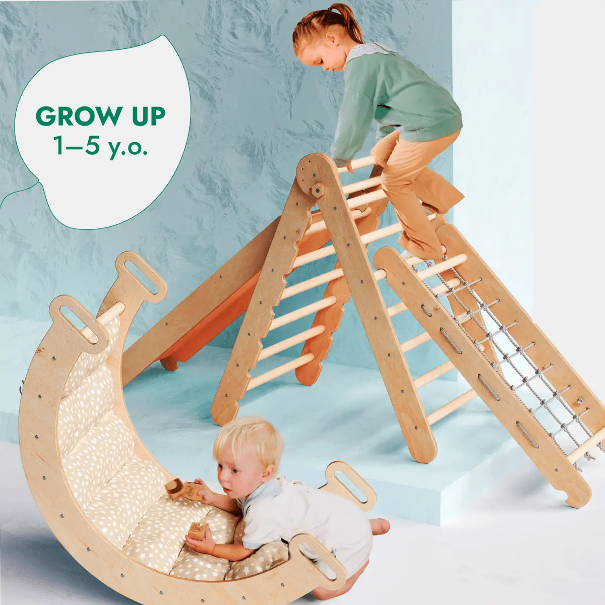 5in1 Montessori climbing set in natural wood with ladder, slide, arch rocker, rope net and cushioned seat