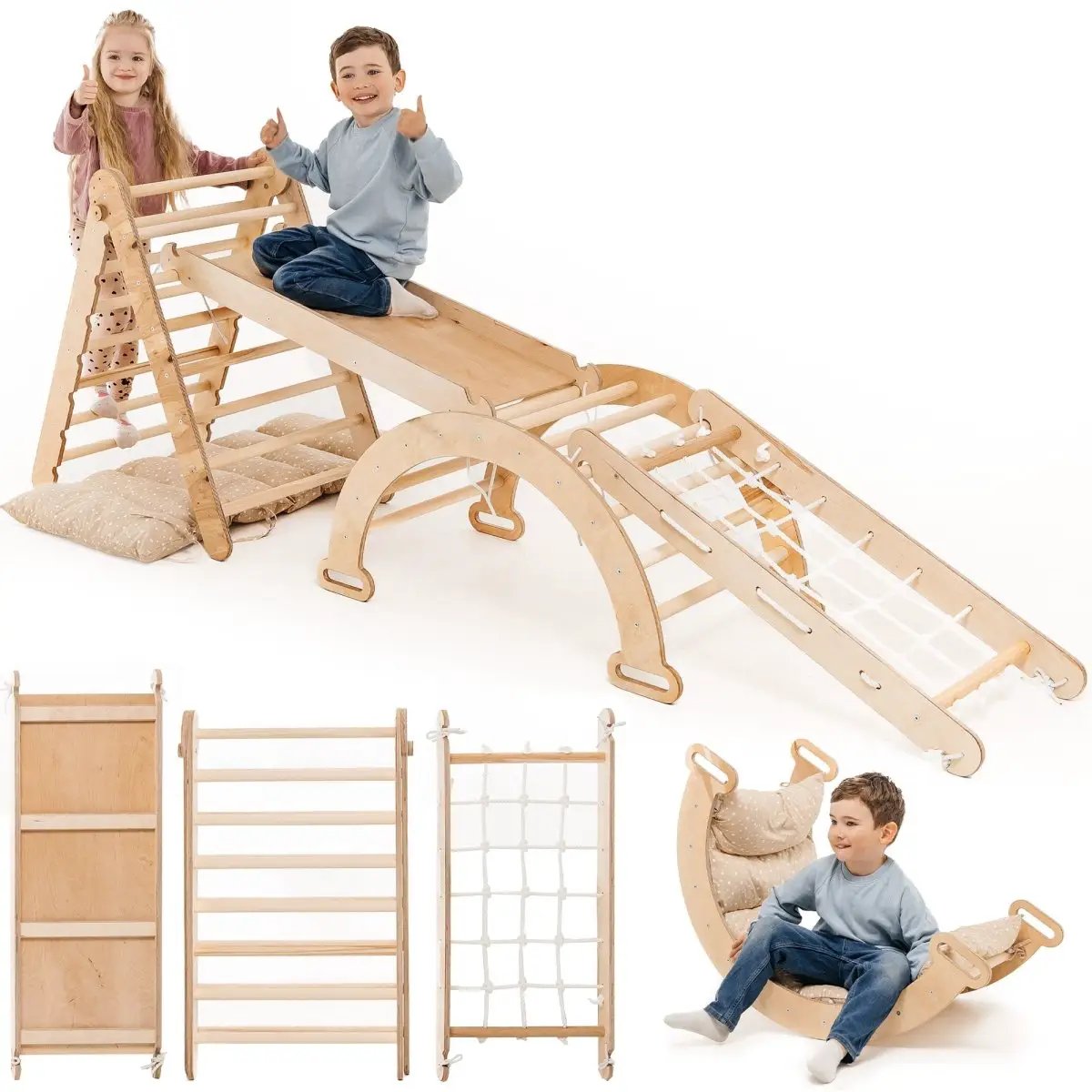 Goodevas 5in1 Montessori Climbing Set in natural wood with ladder, slide, rope net and cushioned rocker