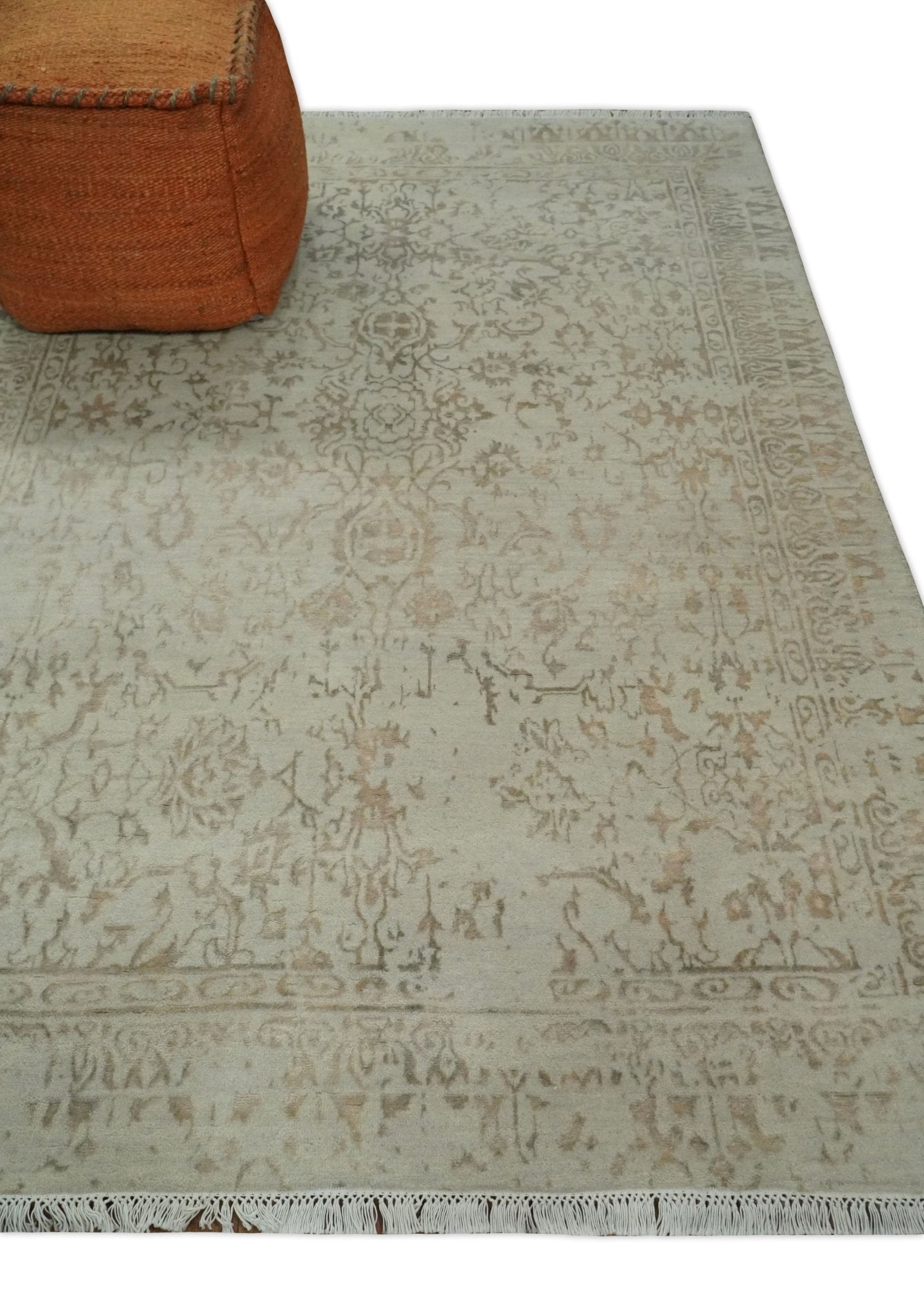 5x7 Fine Hand Knotted Beige and Brown Traditional Vintage Persian Style Antique Wool and Silk Rug | AGR50