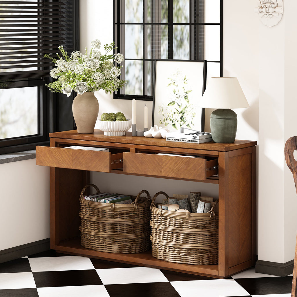 TREXM 55' Console Table, Rustic Wooden Entryway Table with Storage Drawers and Open Shelf, Elegant Sofa Table for Hallway and Living Room (Honey)