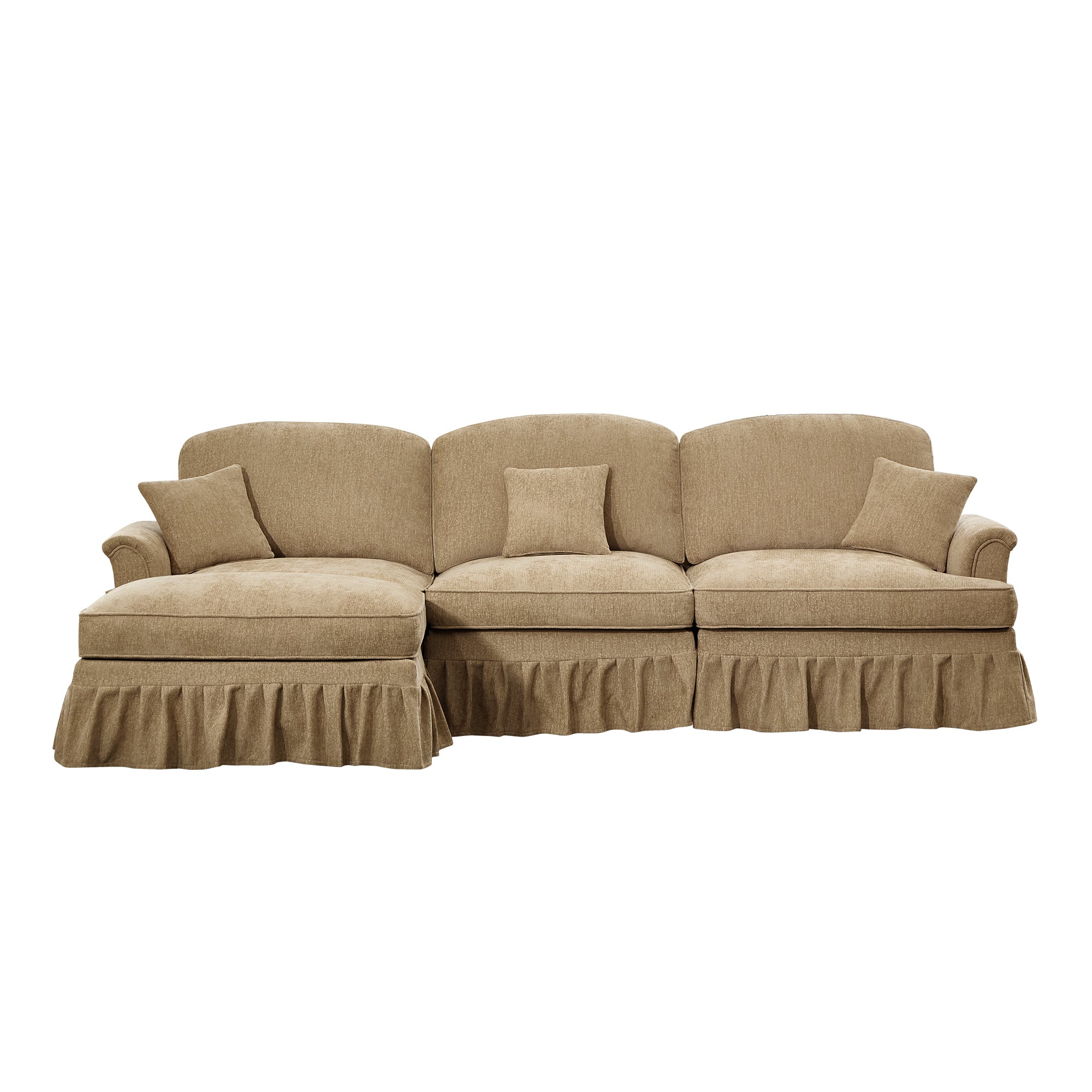 Mid Century Three Seater Modular L Shaped Sectional Couch with Flared Arms and Removable Ruffles Pleats Skirts and Spindle Legs, Comfy Chenille 3-Seat Deep Seat Sofa with Movable Ottoman,Light Coffee