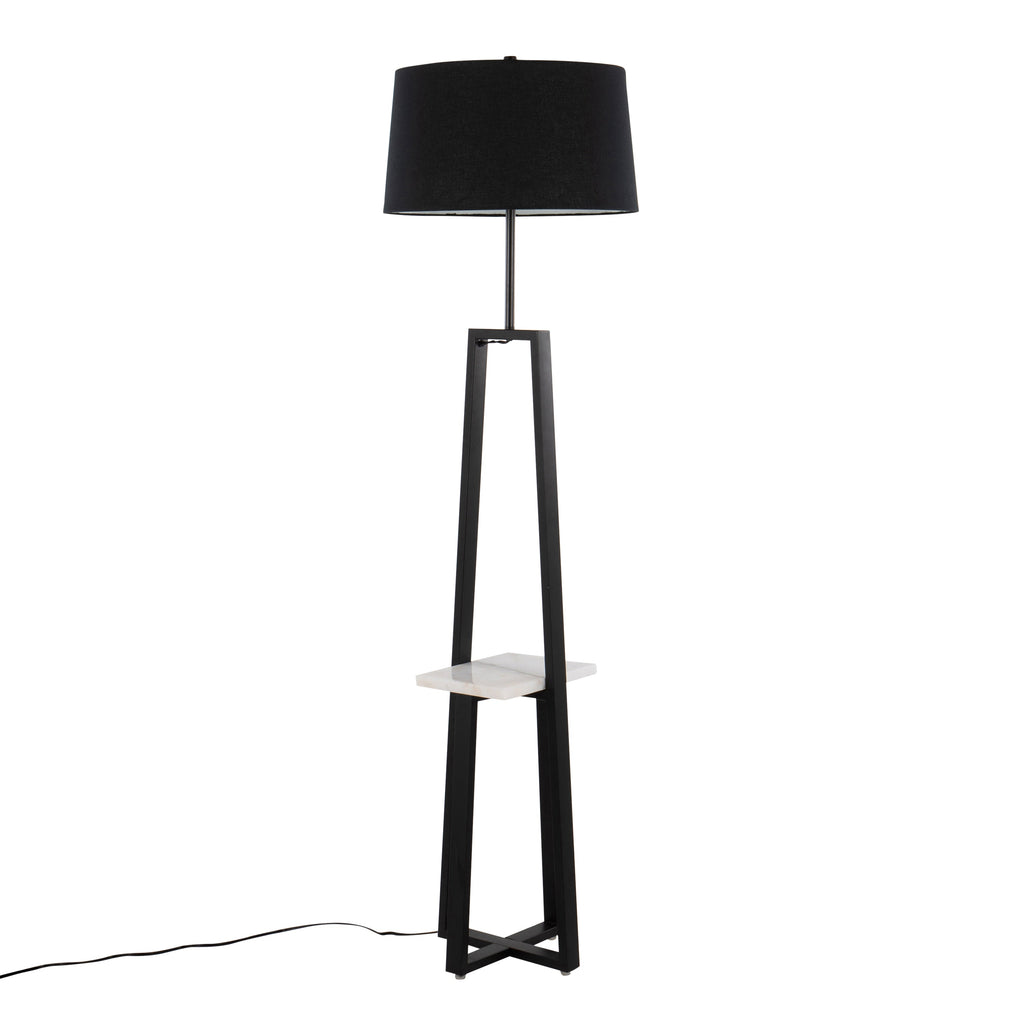 Cosmo Shelf Contemporary/Glam Floor Lamp in White Marble and Black Metal with Black Linen Shade by LumiSource