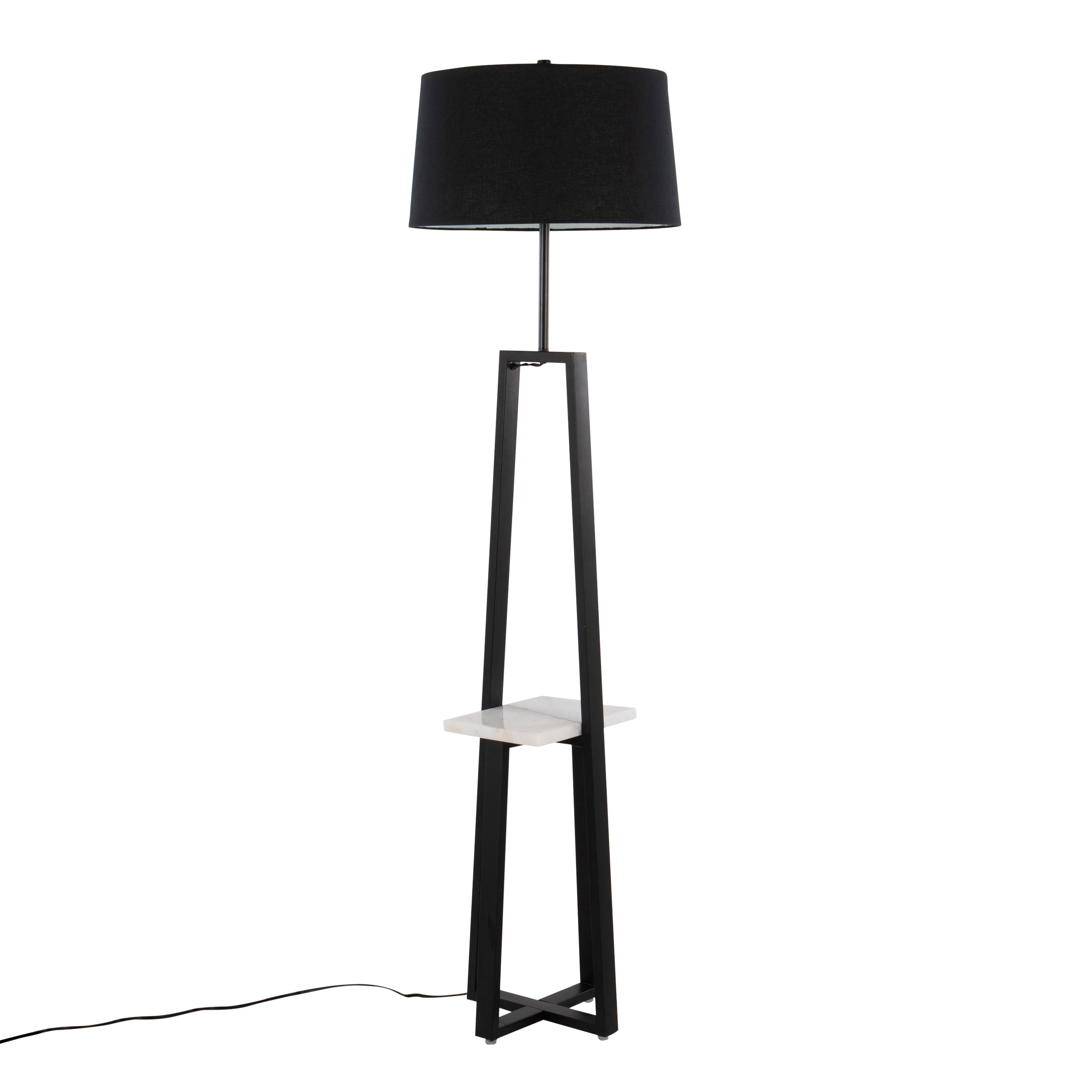Cosmo Shelf Contemporary/Glam Floor Lamp in White Marble and Black Metal with Black Linen Shade by LumiSource