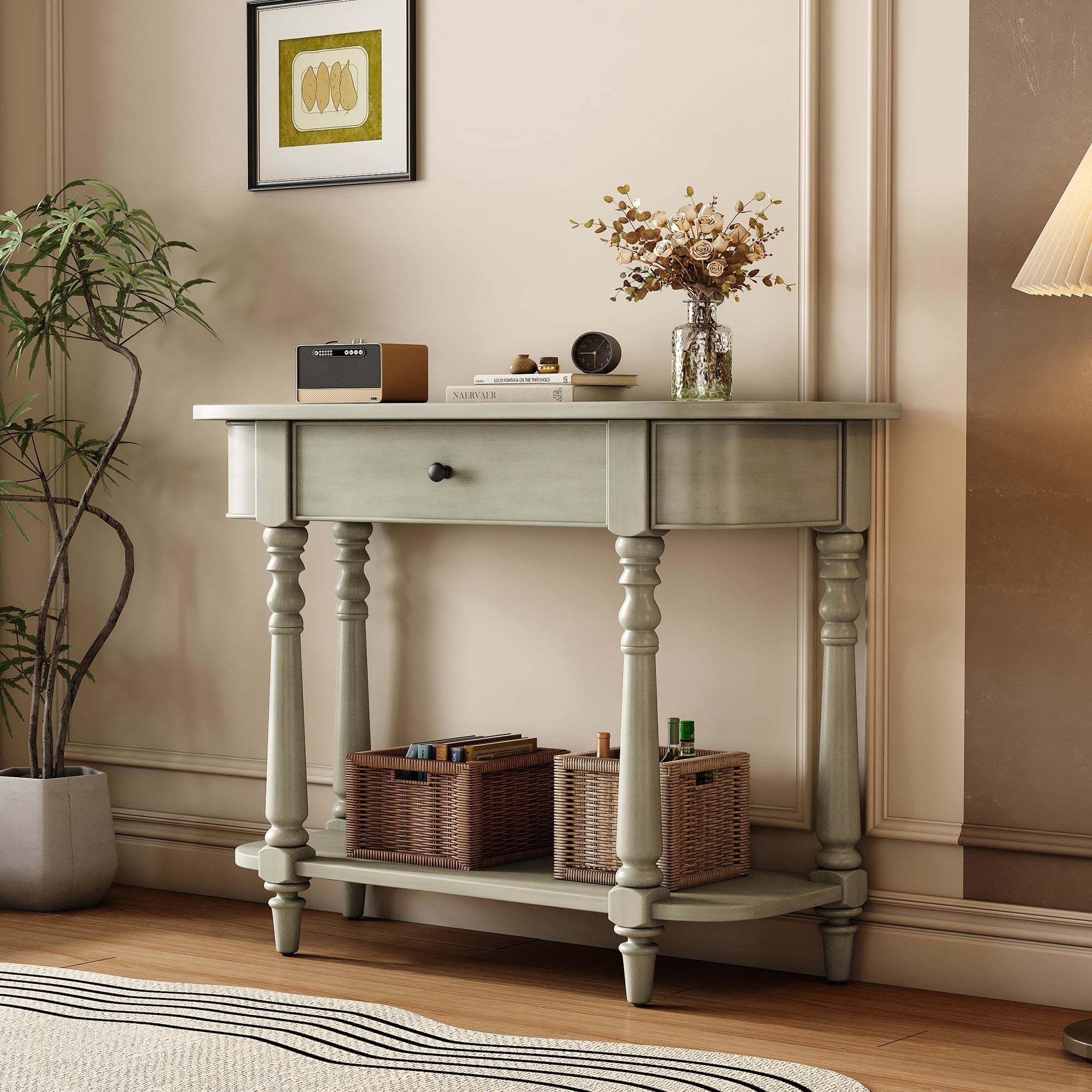 TREXM Narrow Console Table with Curved Corner, Retro Entryway Table with Top Drawer and Open Shelf, Sofa Table Console Tables for Entryway, Hallway and Living Room (Gray)