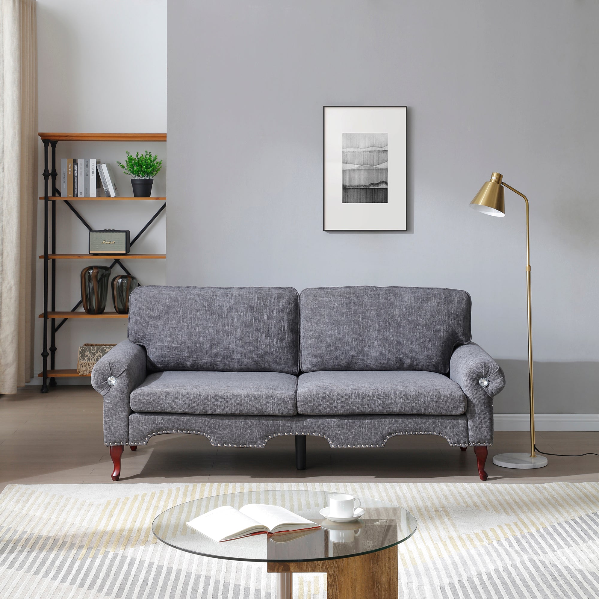 80-Inch Modern Velvet  3 seat Sofa with Wooden Legs & Crystal button and Copper Nail, Tufted Backrest, Perfect for Living Room, Bedroom, or Office (Grey)
