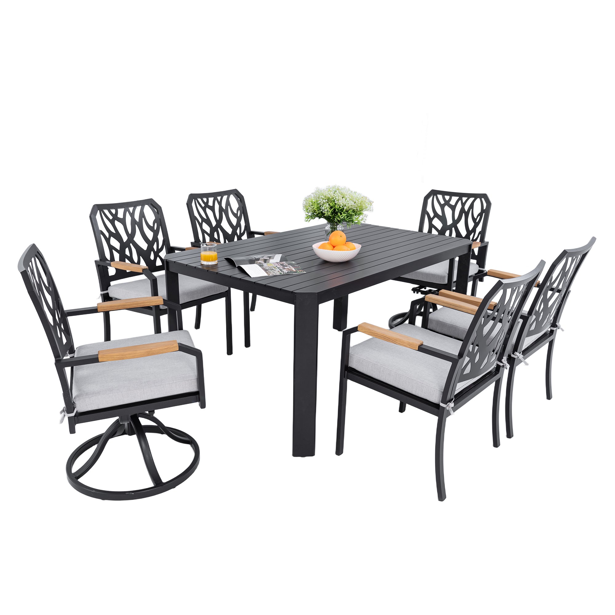 7-PC Outdoor Patio Aluminum Furniture Set, with 4 Dining Chairs & 2 Swivel Rockers Sunbrella Fabric Cushioned, Nature-Inspired Branch-Like Backrest, Rectangular Table with Umbrella Hole,Bourbon Brown