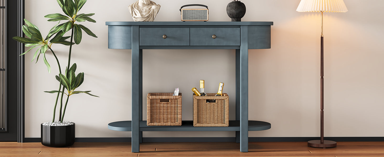TREXM Elegant Retro Console Table with Curved Design and Smooth Glaze for Entryways, Living Rooms and hallways (Navy)