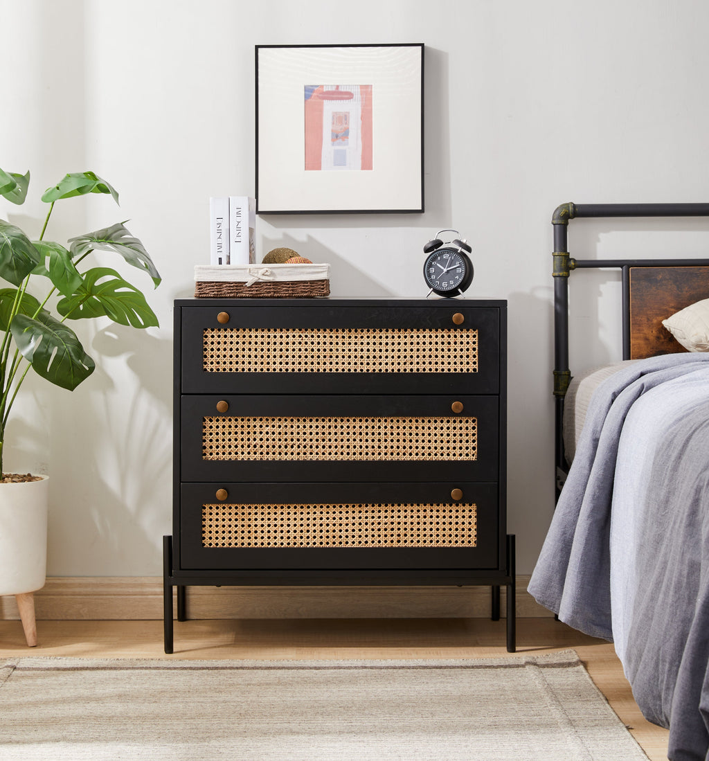 Rattan Storage Cabinet with 3 Large Drawers, Boho Mid-Century Wooden Nightstand Drawer Dresser, Sideboard Buffet Cabinet with Storage for Living Room Dining Room Hallway Bedroom, 30×15.8×30 Inches